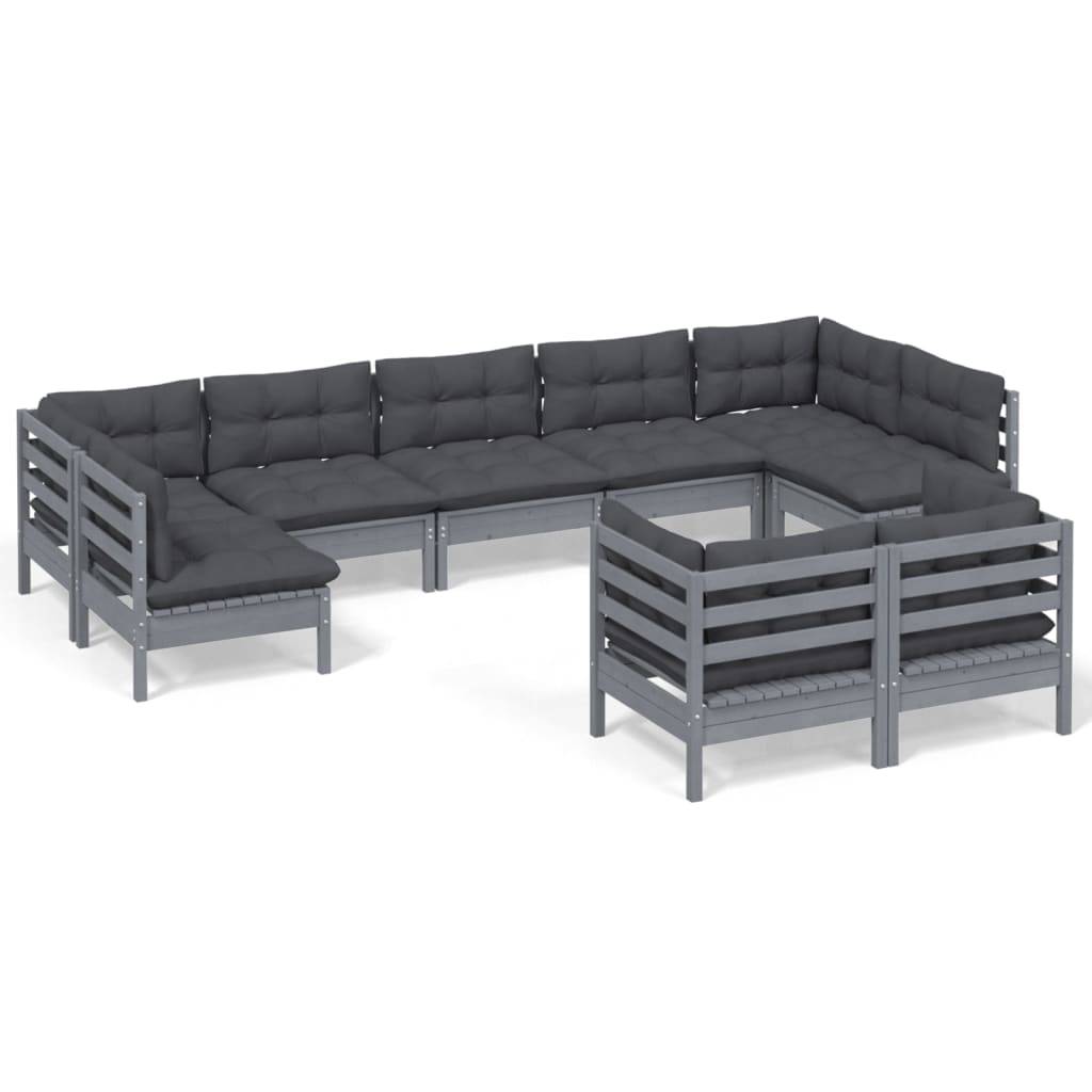 Helloshop26 - Salon de jardin meuble d'extérieur ensemble de mobilier 9 pièces avec coussins gris bois de pin solide - Image 1