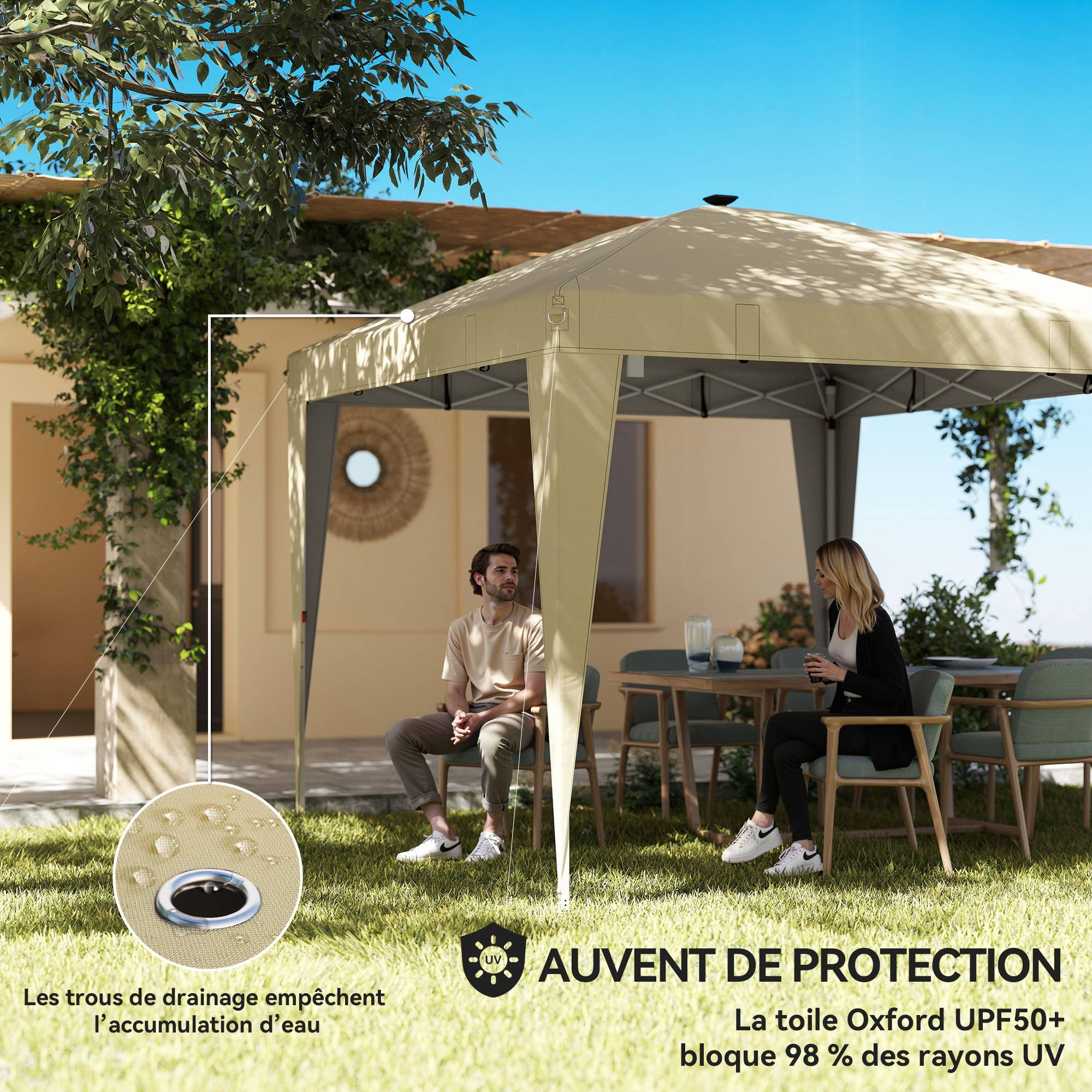 Tonnelle pliante métal et tissu Oxford crème 297 x 297 x 288 cm - PANGIVO - Image 7
