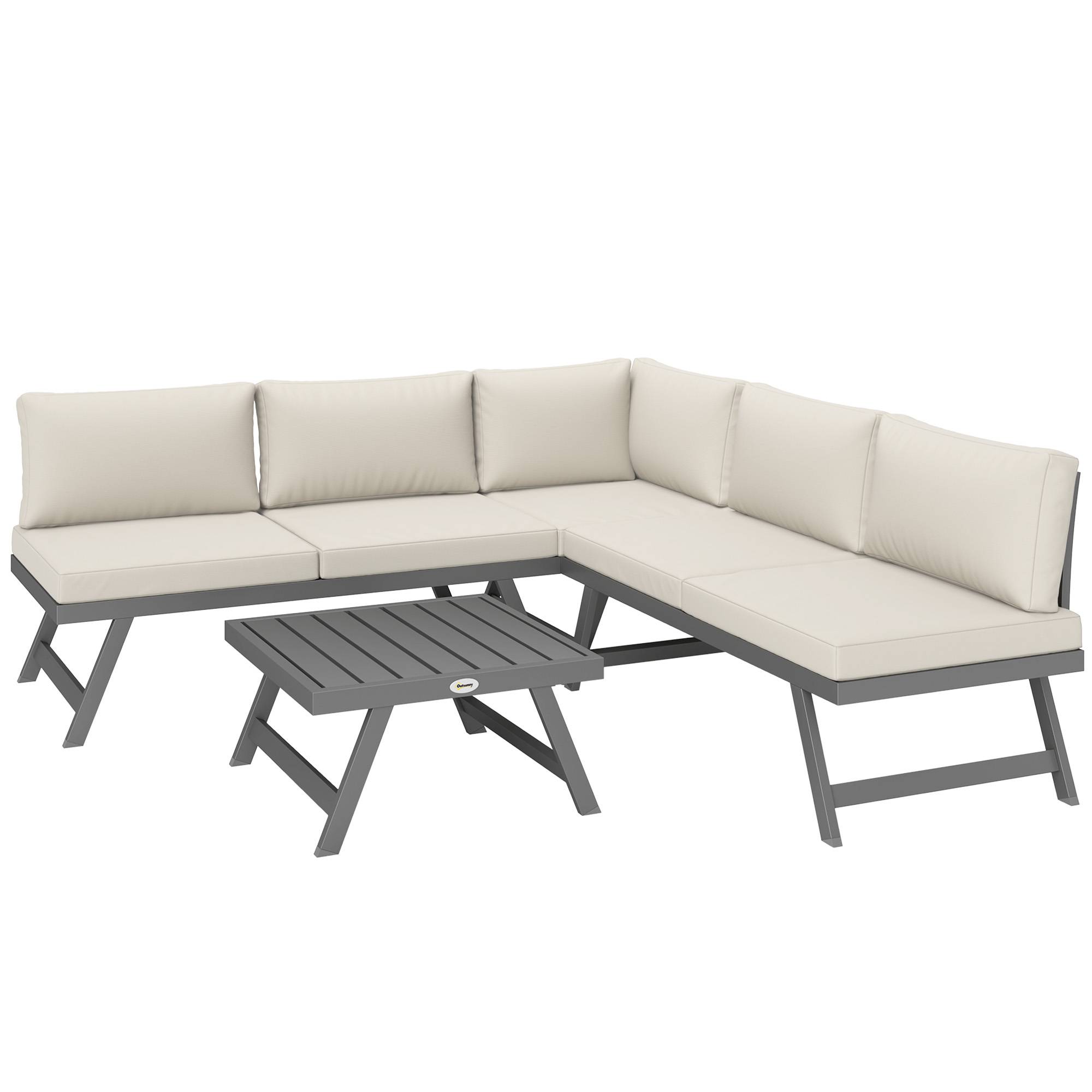 Outsunny - Ensemble salon de jardin convertible 4 pièces avec 2 banquettes, fauteuil d'angle et table basse aluminium/métal beige - Outsunny - Image 1