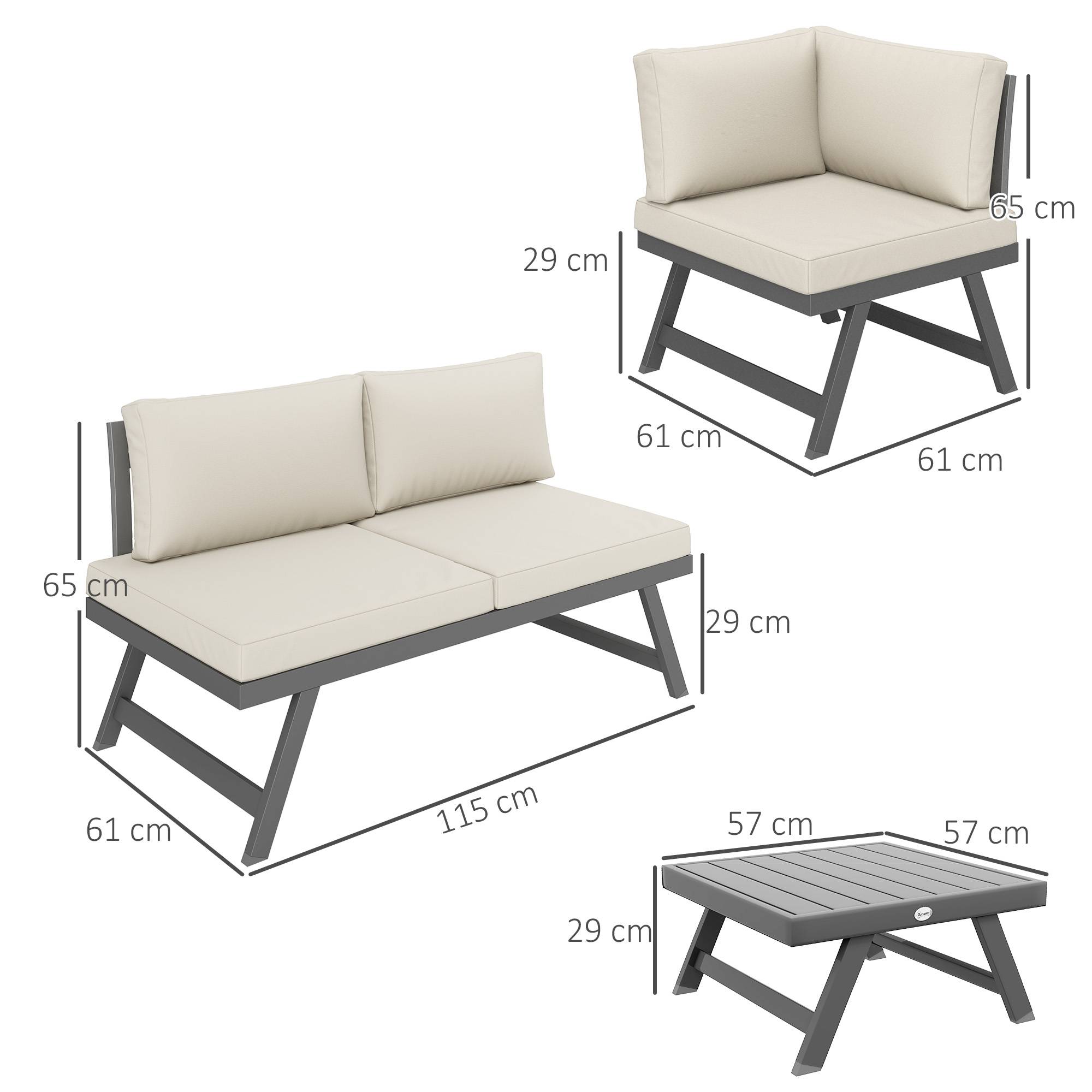 Outsunny - Ensemble salon de jardin convertible 4 pièces avec 2 banquettes, fauteuil d'angle et table basse aluminium/métal beige - Outsunny - Image 3