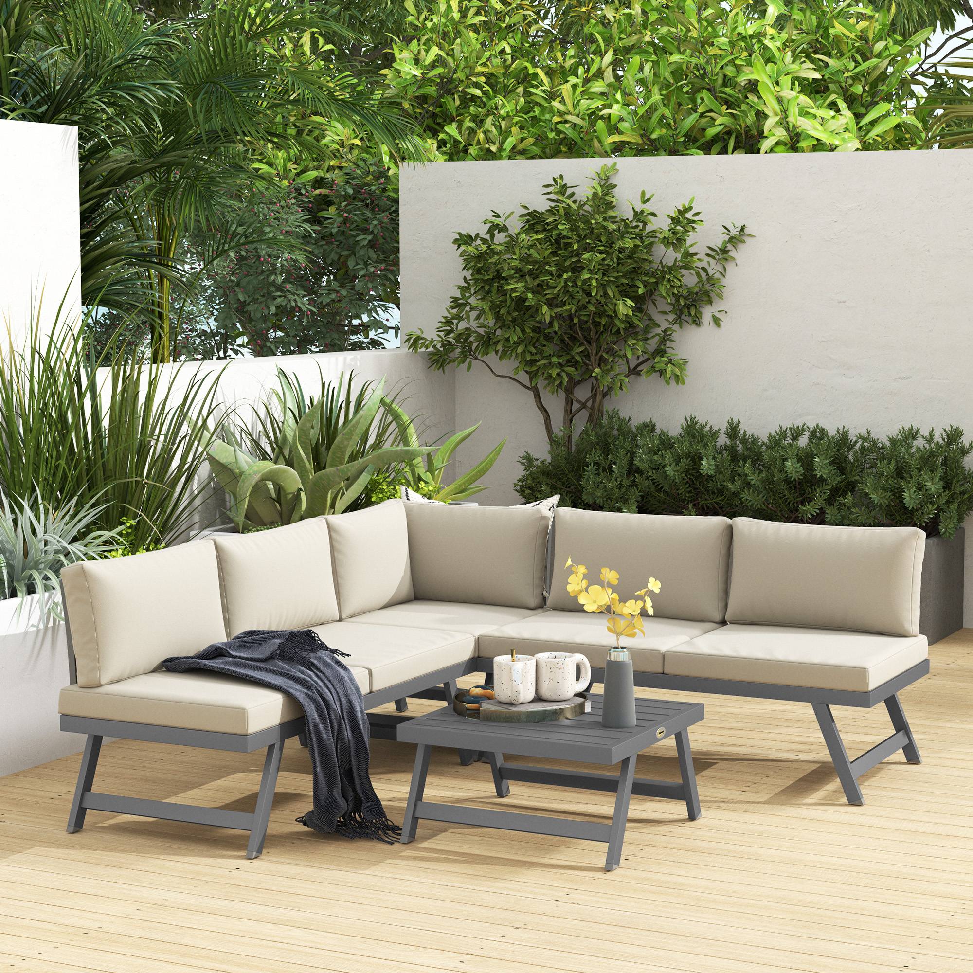 Outsunny - Ensemble salon de jardin convertible 4 pièces avec 2 banquettes, fauteuil d'angle et table basse aluminium/métal beige - Outsunny - Image 2