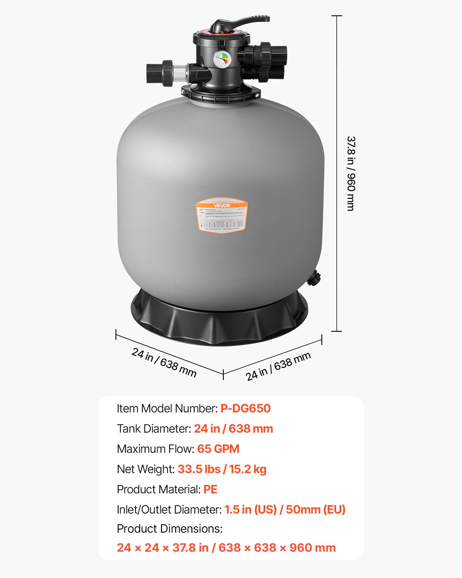 Vevor - VEVOR Filtre à sable 61 cm, 246,1 L/min, vanne 7 voies - Image 6