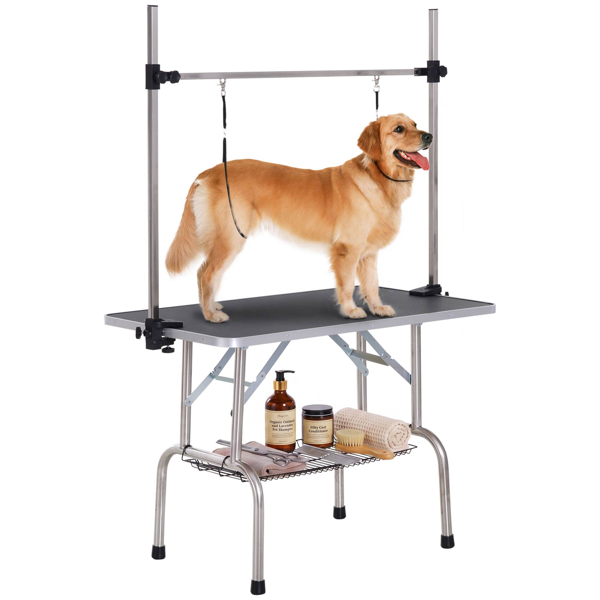 Sans Marque - Table de toilettage pour chien pliante potence H-forme inox réglable 2 sangles panier 107 x 60 x 164 cm noir - Image 1