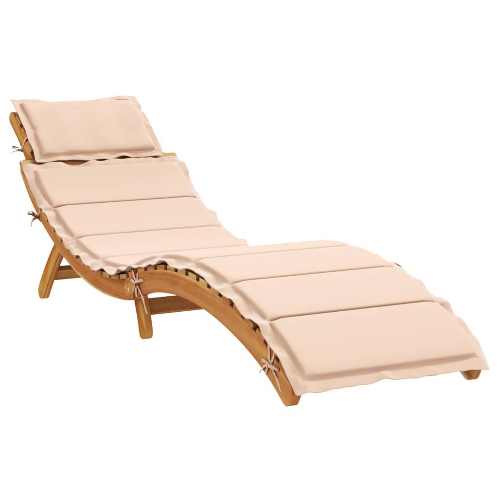 Chaise longue | Transat | Bain de soleil avec coussin beige bois d'acacia solide - Image 2