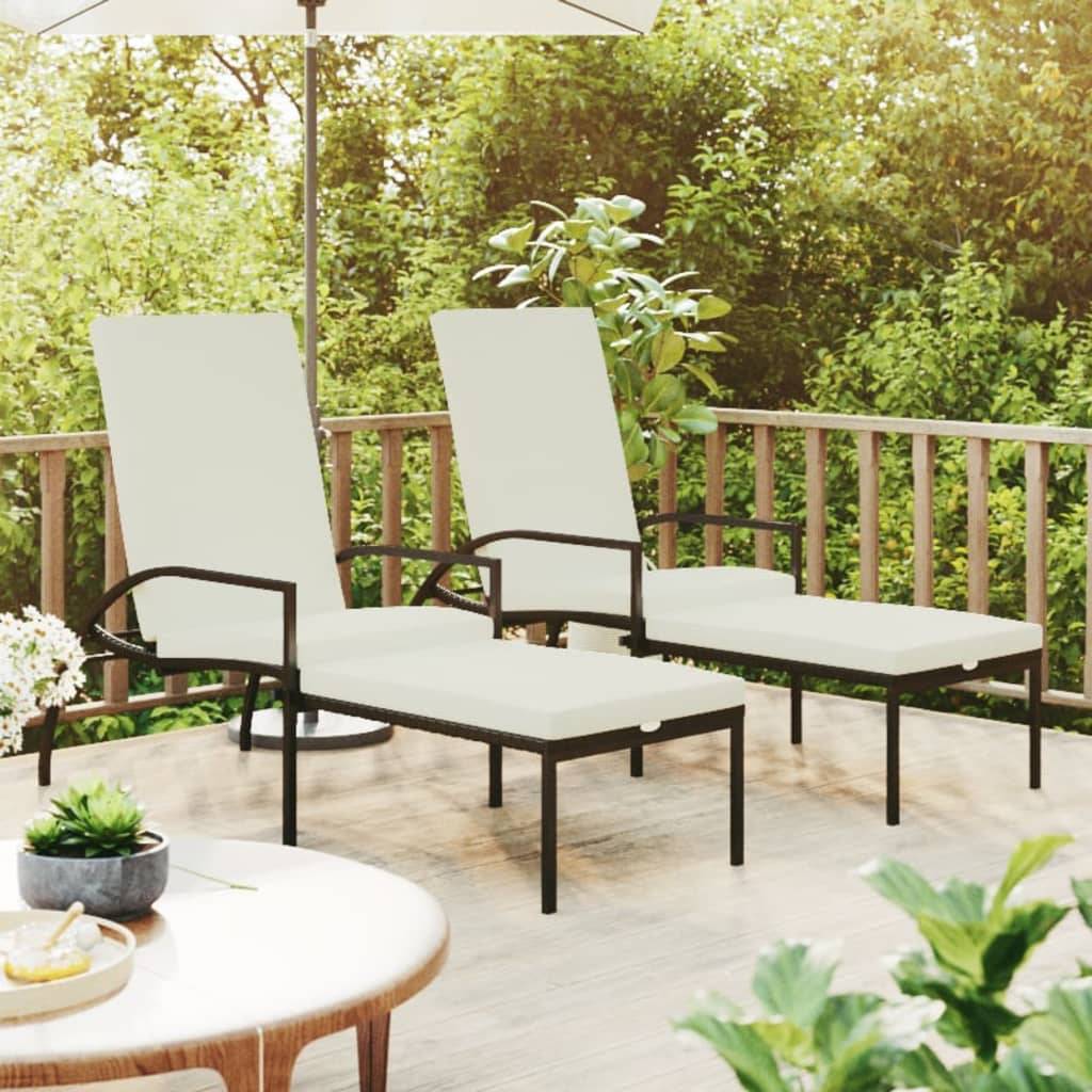 Chaises longues avec repose-pied résine tressée noir 195 x 60 x 55-102 cm - PANGIVO - Image 1