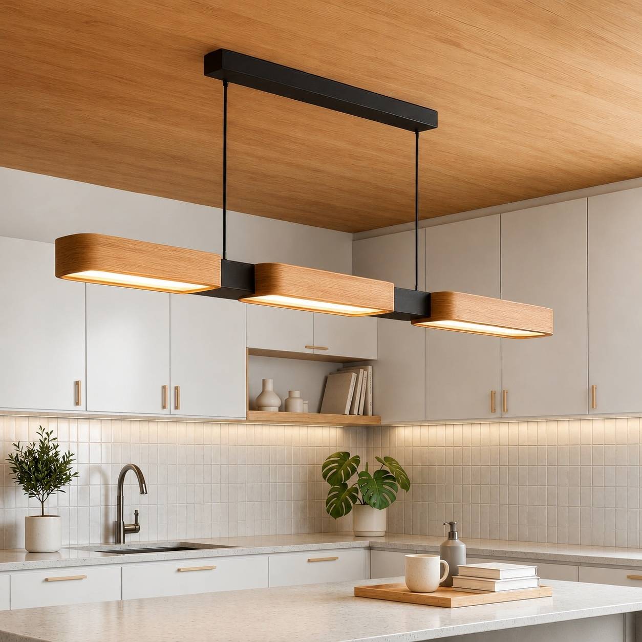 Suspension en Bois Moderne LED Dimmable avec Télécommande pour Table et Îlot - Image 8