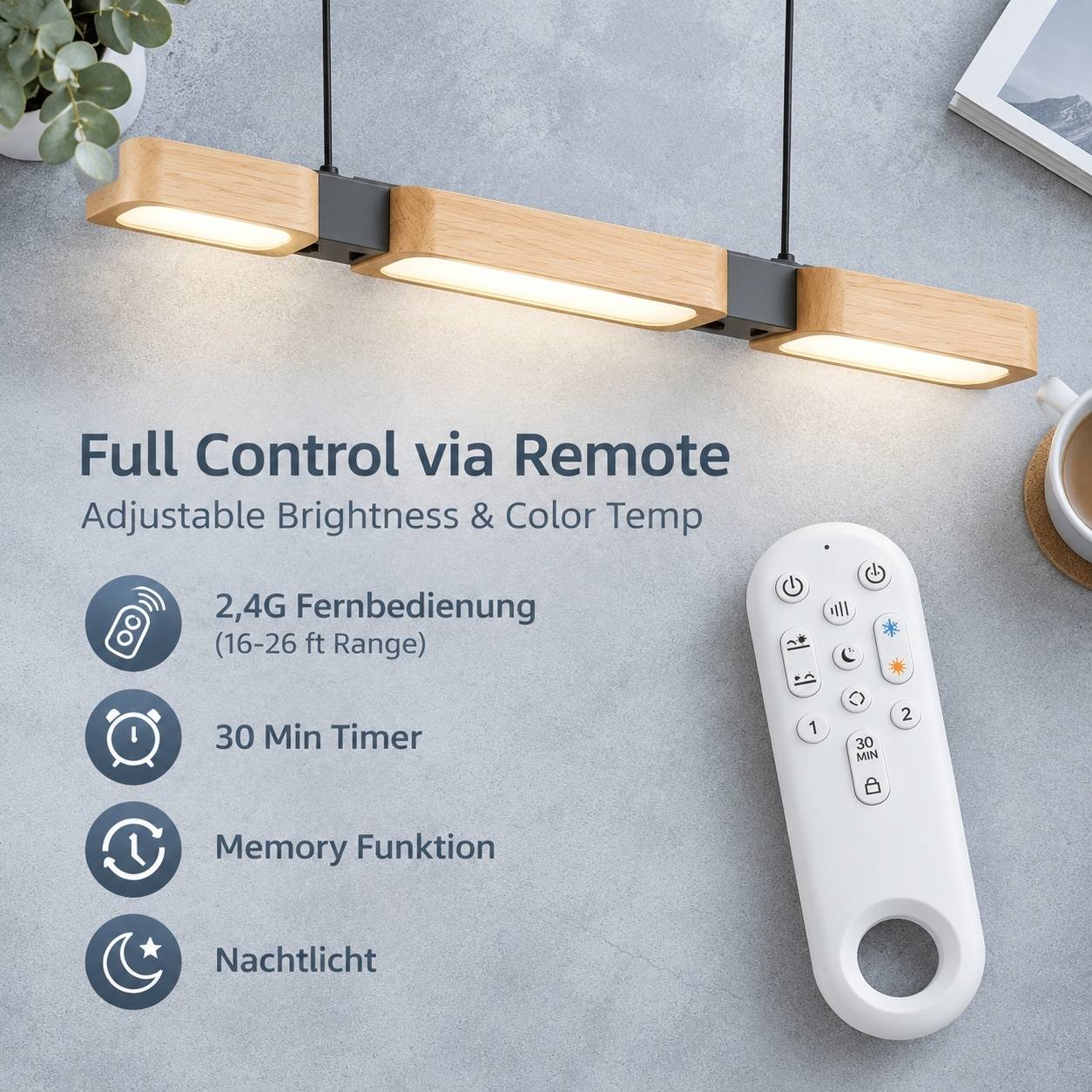 Suspension en Bois Moderne LED Dimmable avec Télécommande pour Table et Îlot - Image 5