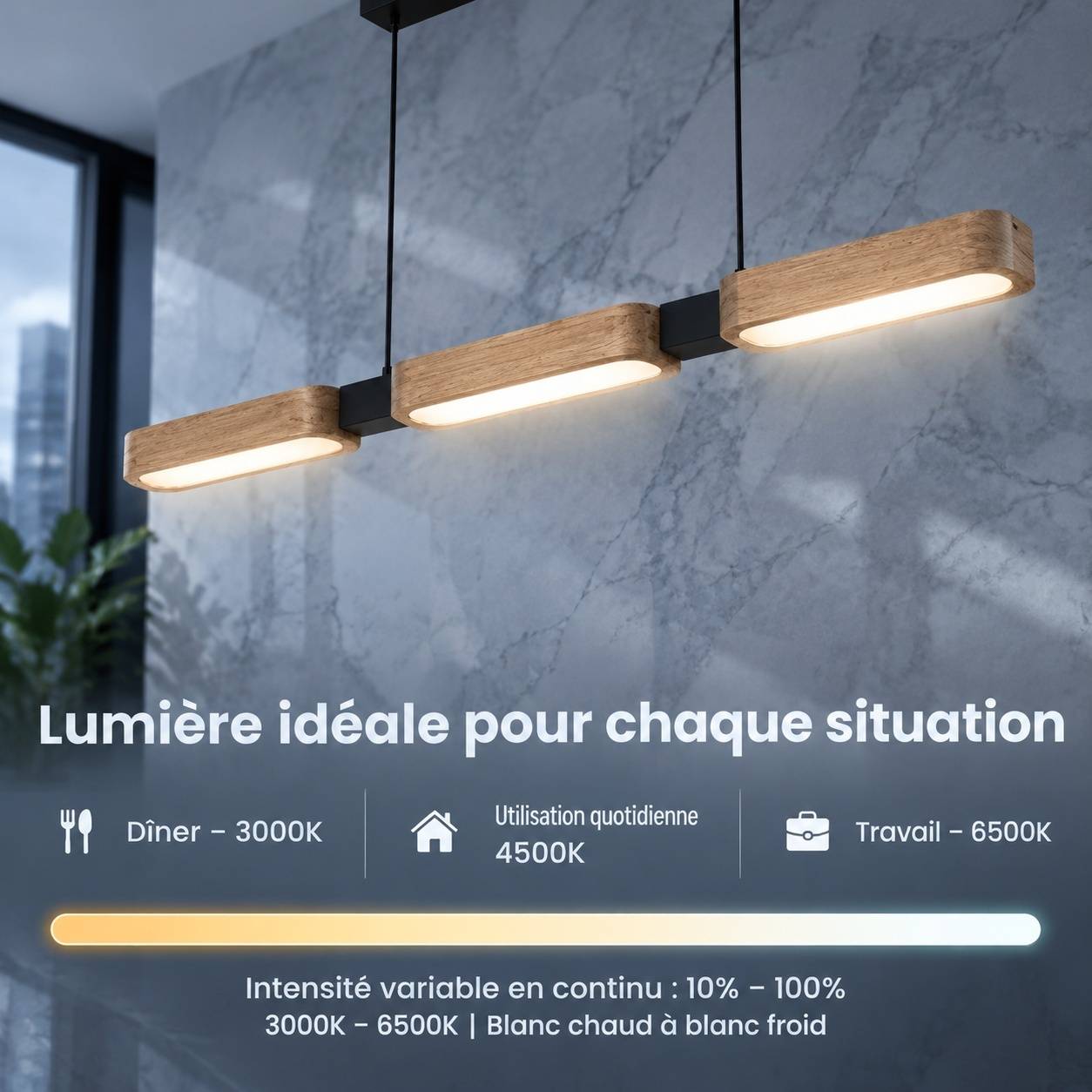Suspension en Bois Moderne LED Dimmable avec Télécommande pour Table et Îlot - Image 3