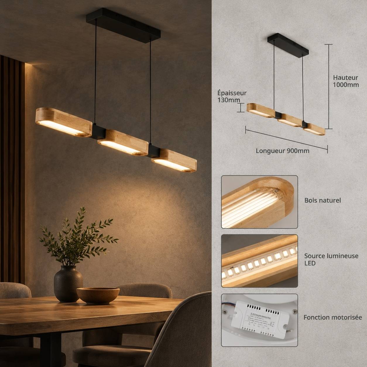 Suspension en Bois Moderne LED Dimmable avec Télécommande pour Table et Îlot - Image 6