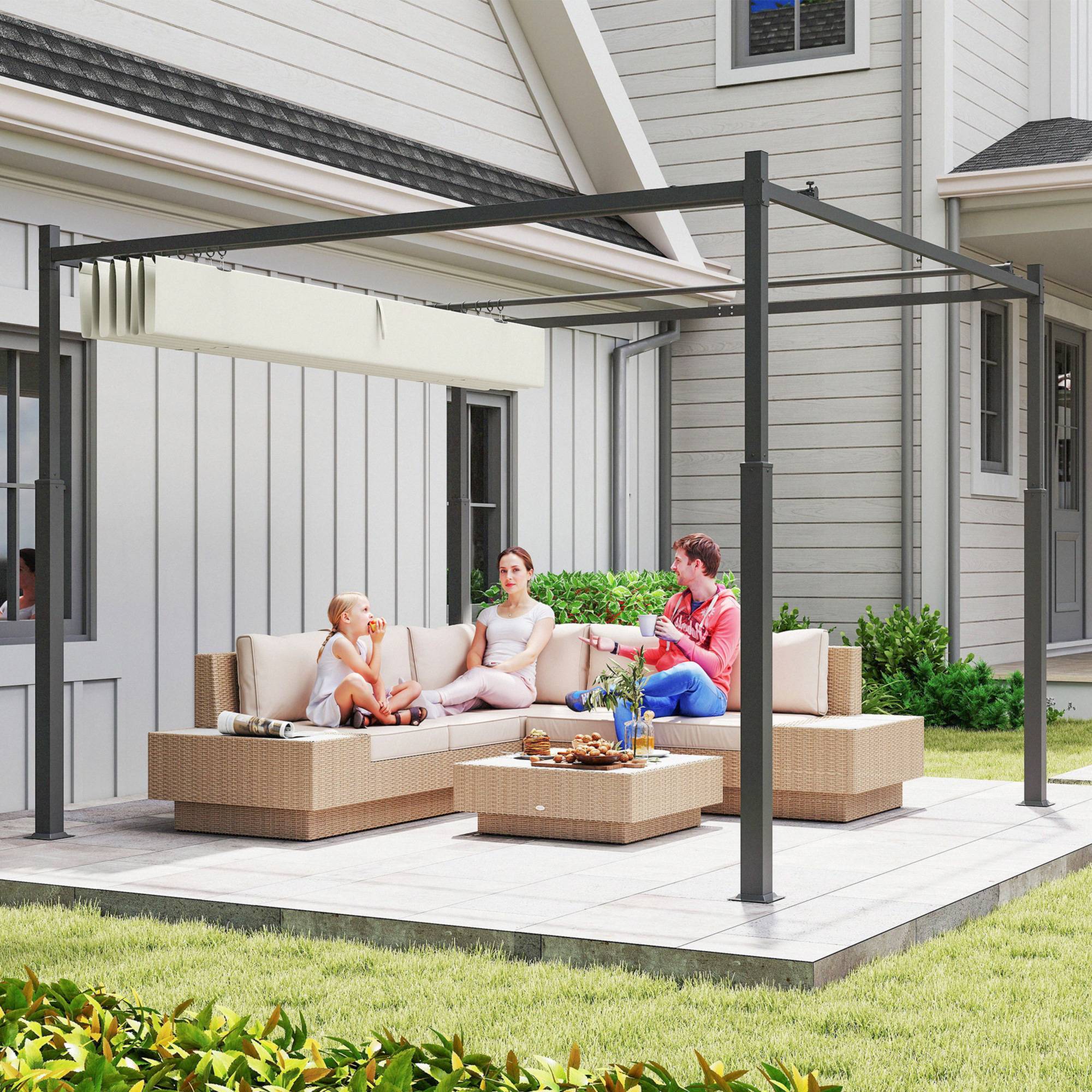 Outsunny - Pergola 3x3m Coulissante Rétractable Fixation Magnétique Tonnelle Abri Soleil UPF30+ Terrasse Patio Polyester 180g/m² Crème - Outsunny - Image 4