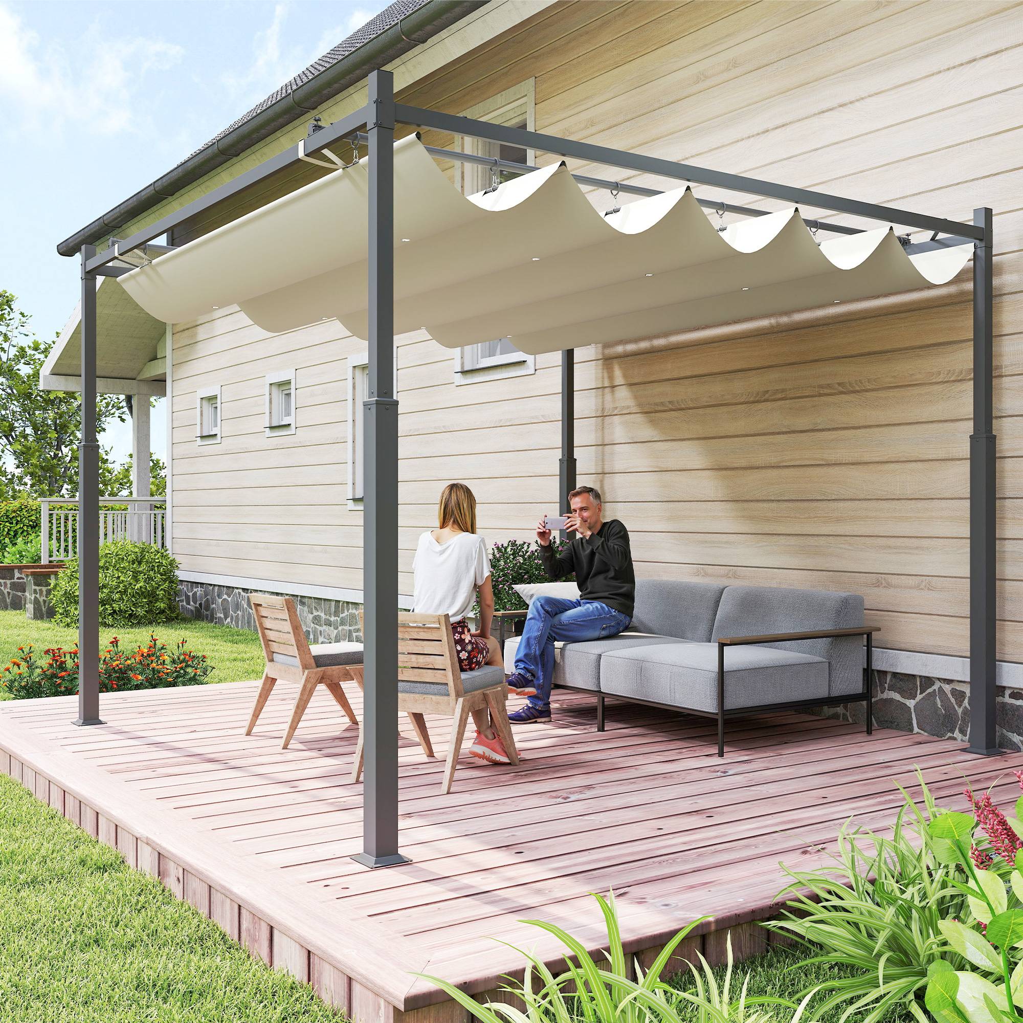 Outsunny - Pergola 3x3m Coulissante Rétractable Fixation Magnétique Tonnelle Abri Soleil UPF30+ Terrasse Patio Polyester 180g/m² Crème - Outsunny - Image 2