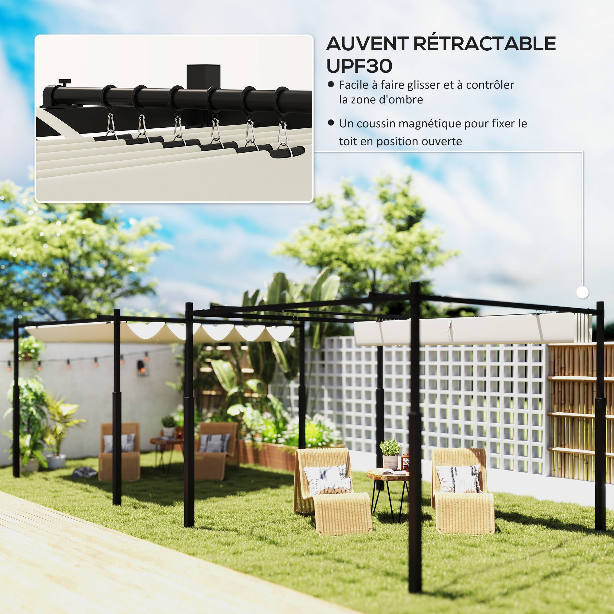 Outsunny - Pergola 3x3m Coulissante Rétractable Fixation Magnétique Tonnelle Abri Soleil UPF30+ Terrasse Patio Polyester 180g/m² Crème - Outsunny - Image 5
