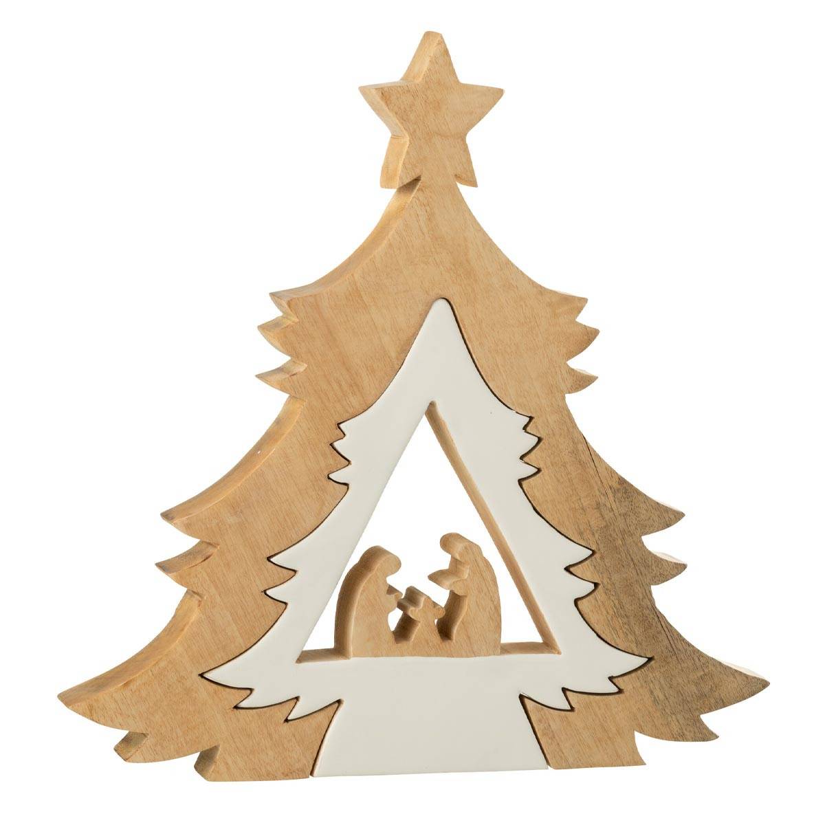 J-Line - Crèche Sapin en Bois "Étoile" 41cm Blanc & Naturel - Image 1