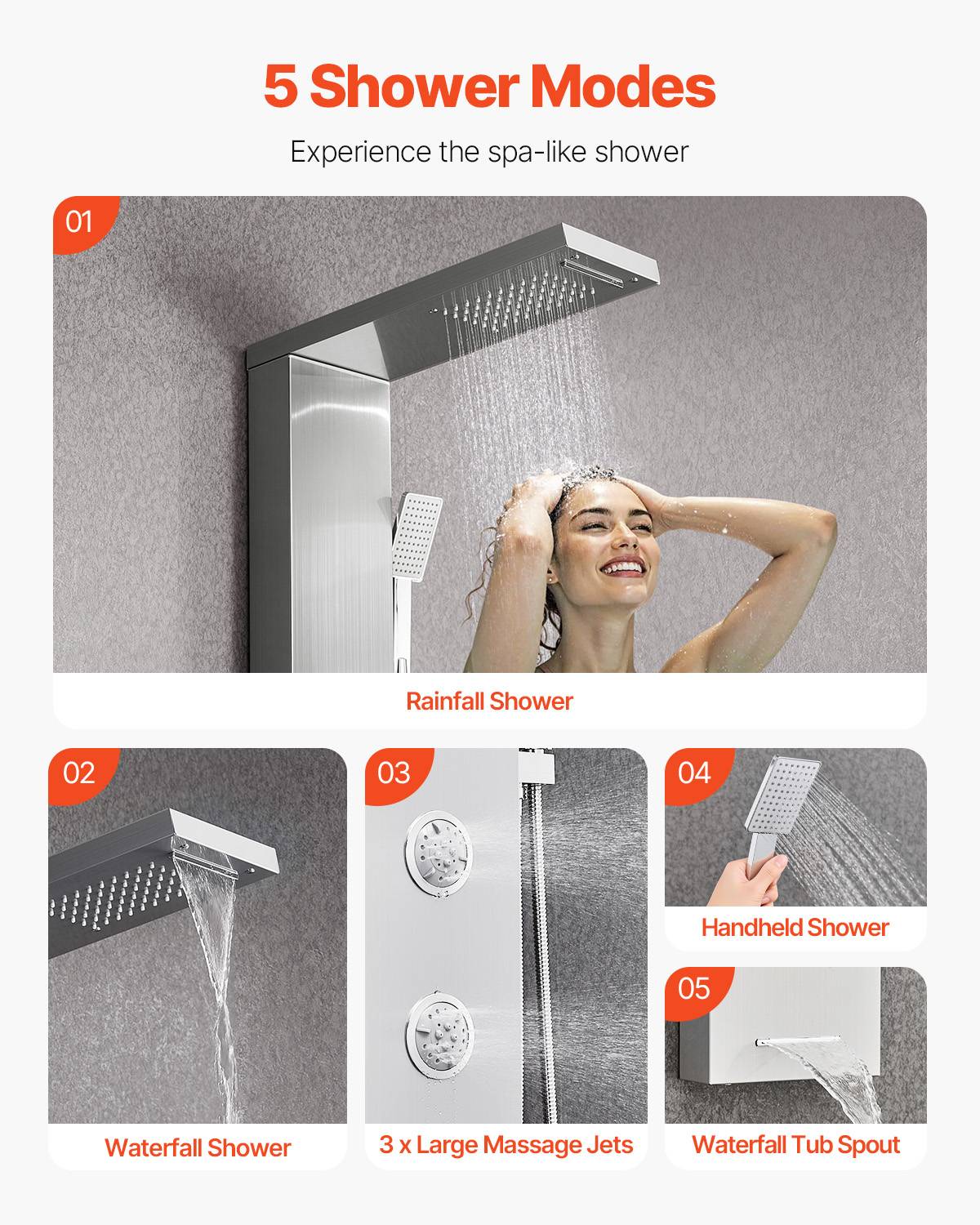 Vevor - VEVOR Colonne de douche en acier inox 5 modes avec jet de massage et effet pluie - Image 3