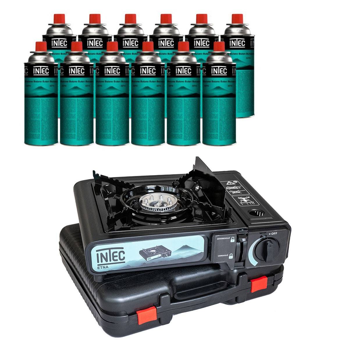 Réchaud gaz Portable 2200W + 12 Cartouches gaz butane Camping Road trips Piezo Mallette Etna INTEC - Image 1