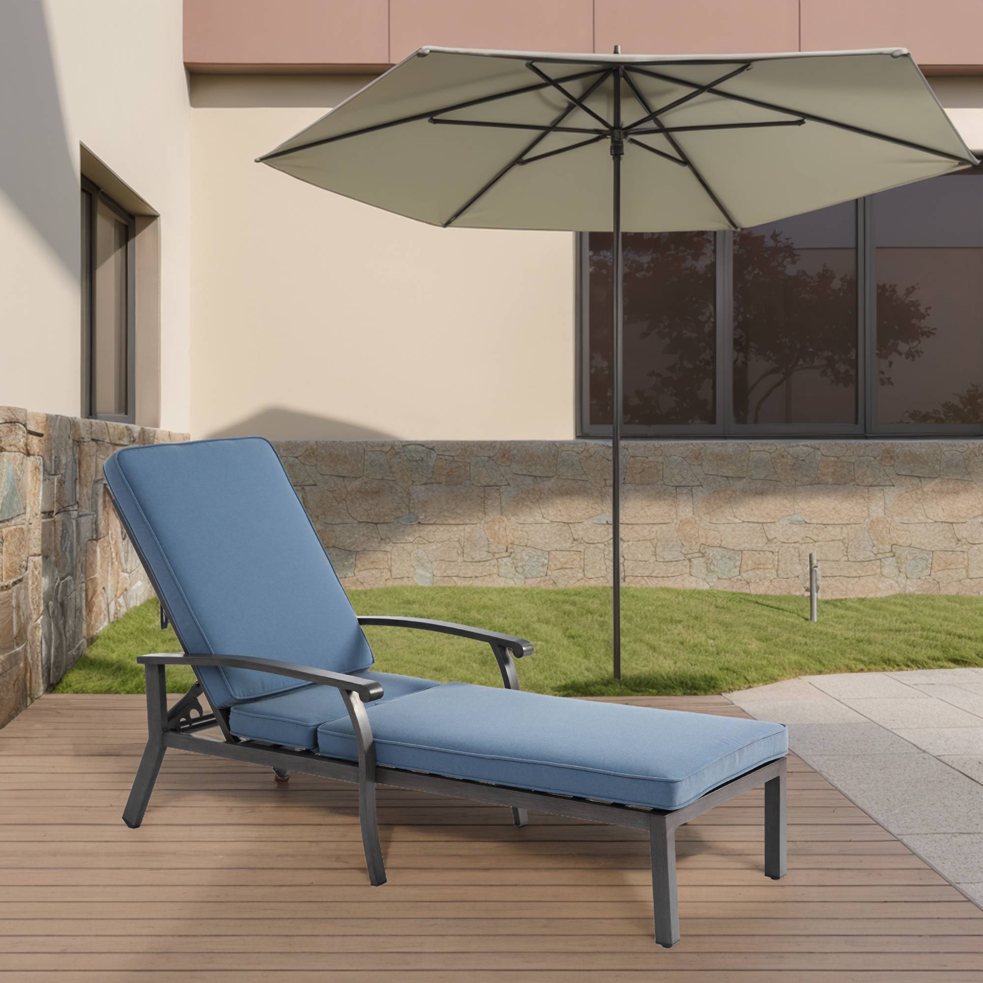 Chaise longue de patio avec coussin en coton, coussin imperméable bleu - Image 1