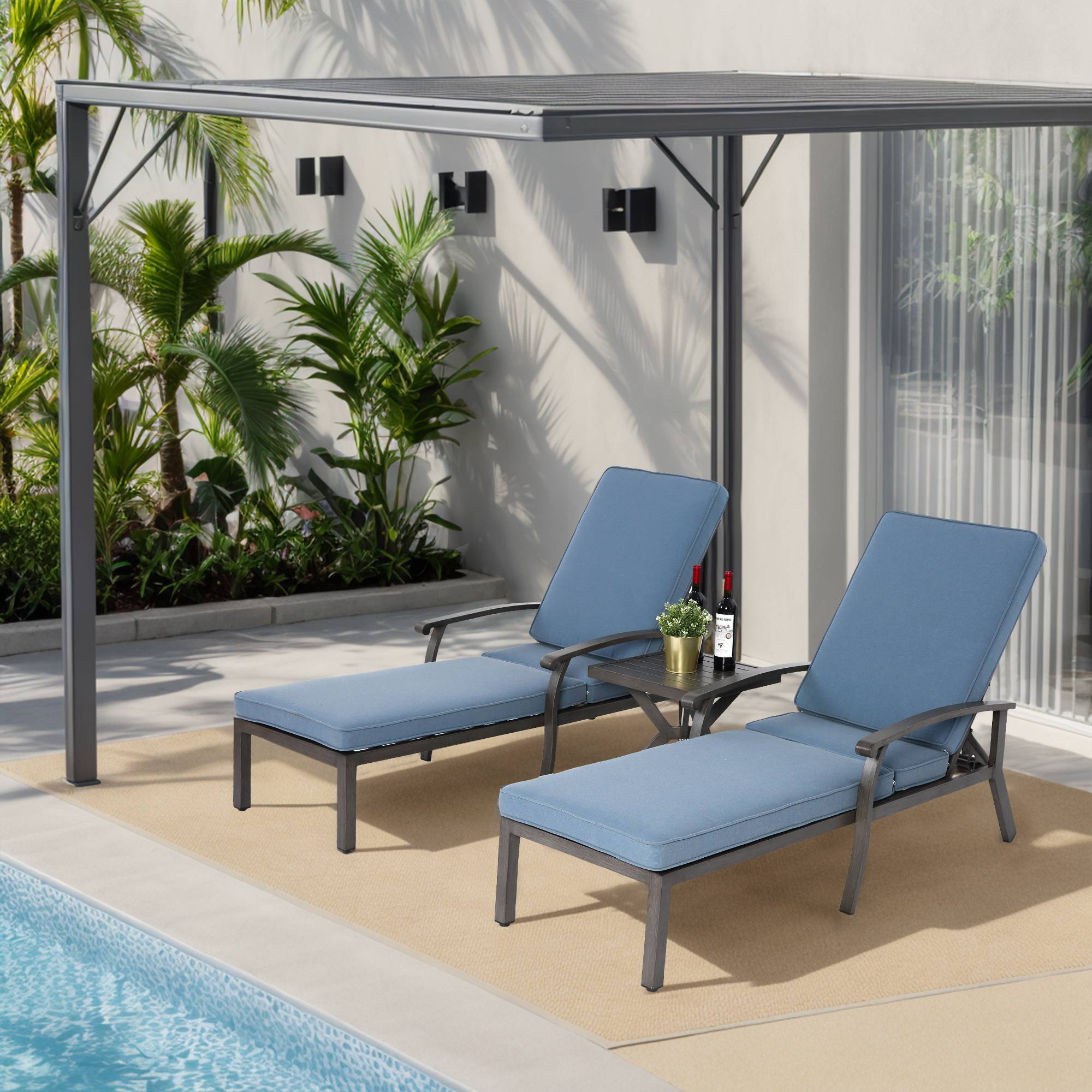 Chaise longue de patio avec coussin en coton, coussin imperméable bleu - Image 2