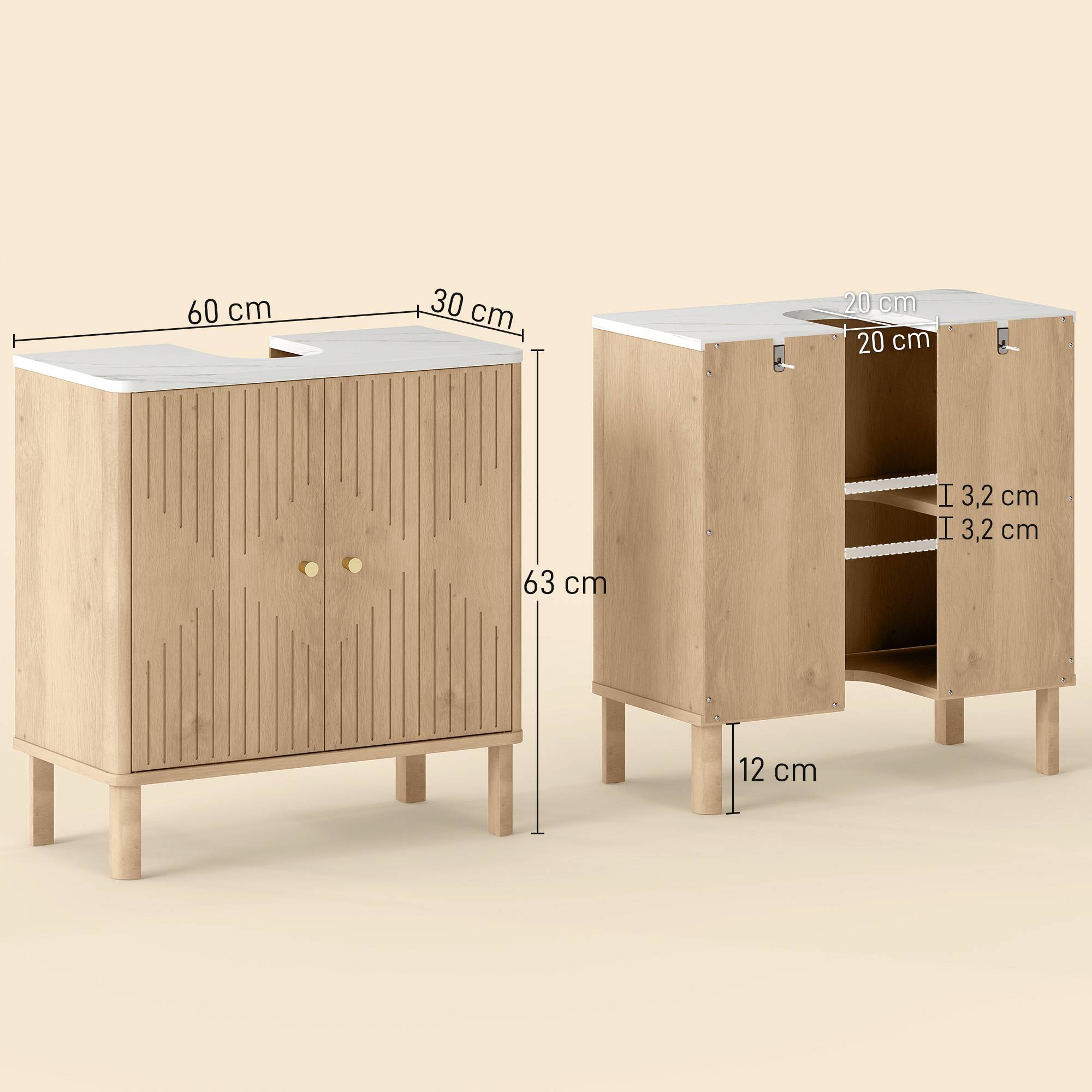 Sans Marque - Meuble sous-évier étagère réglable plan travail effet marbre avec ou sans colonne 60x30x63 cm chêne - Image 5