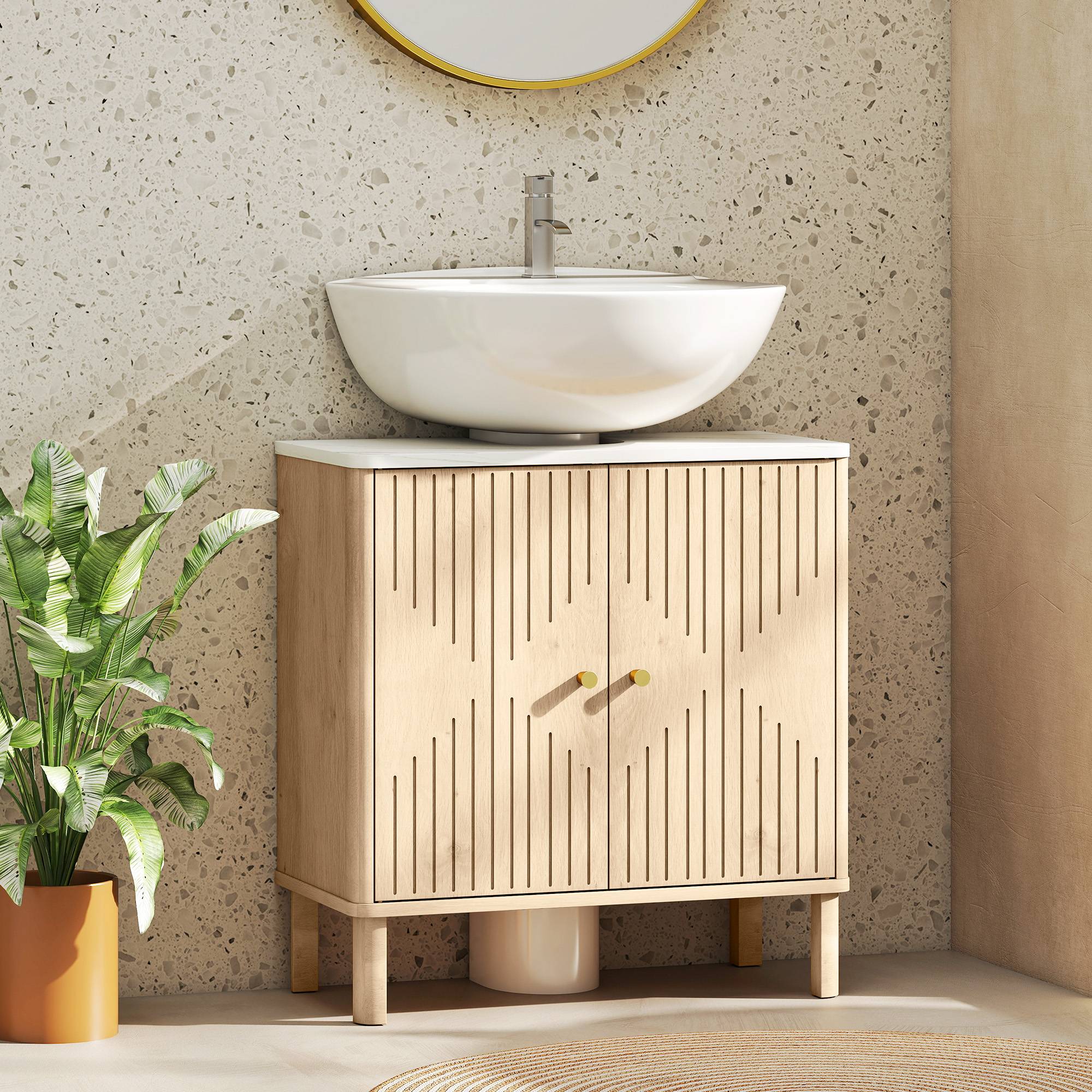 Sans Marque - Meuble sous-évier étagère réglable plan travail effet marbre avec ou sans colonne 60x30x63 cm chêne - Image 3