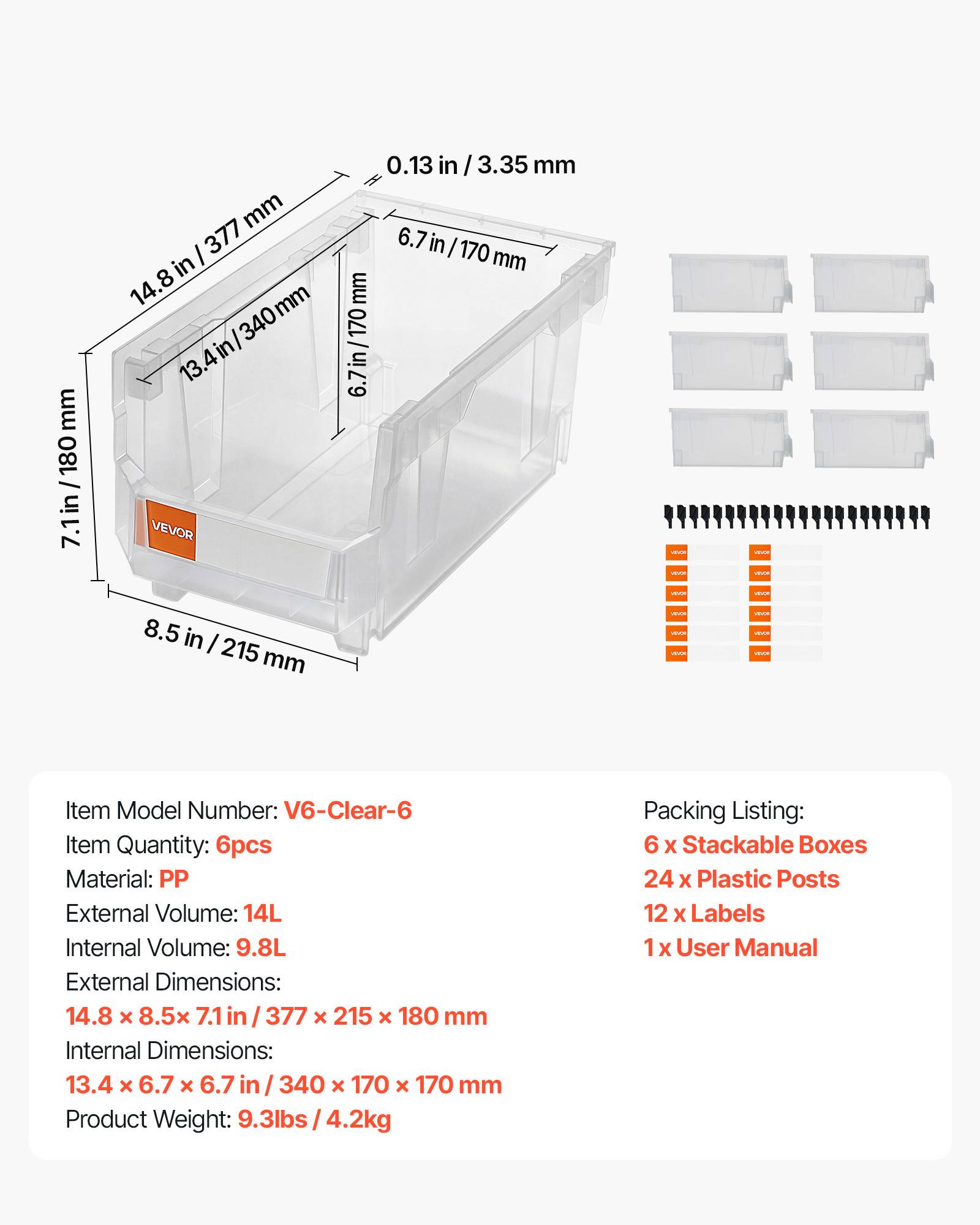 Vevor - VEVOR Lot de 6 bacs à bec empilables 37,7 x 21,5 x 18 cm, plastique transparent, pour atelier, garage, bureau et rangement maison. - Image 6