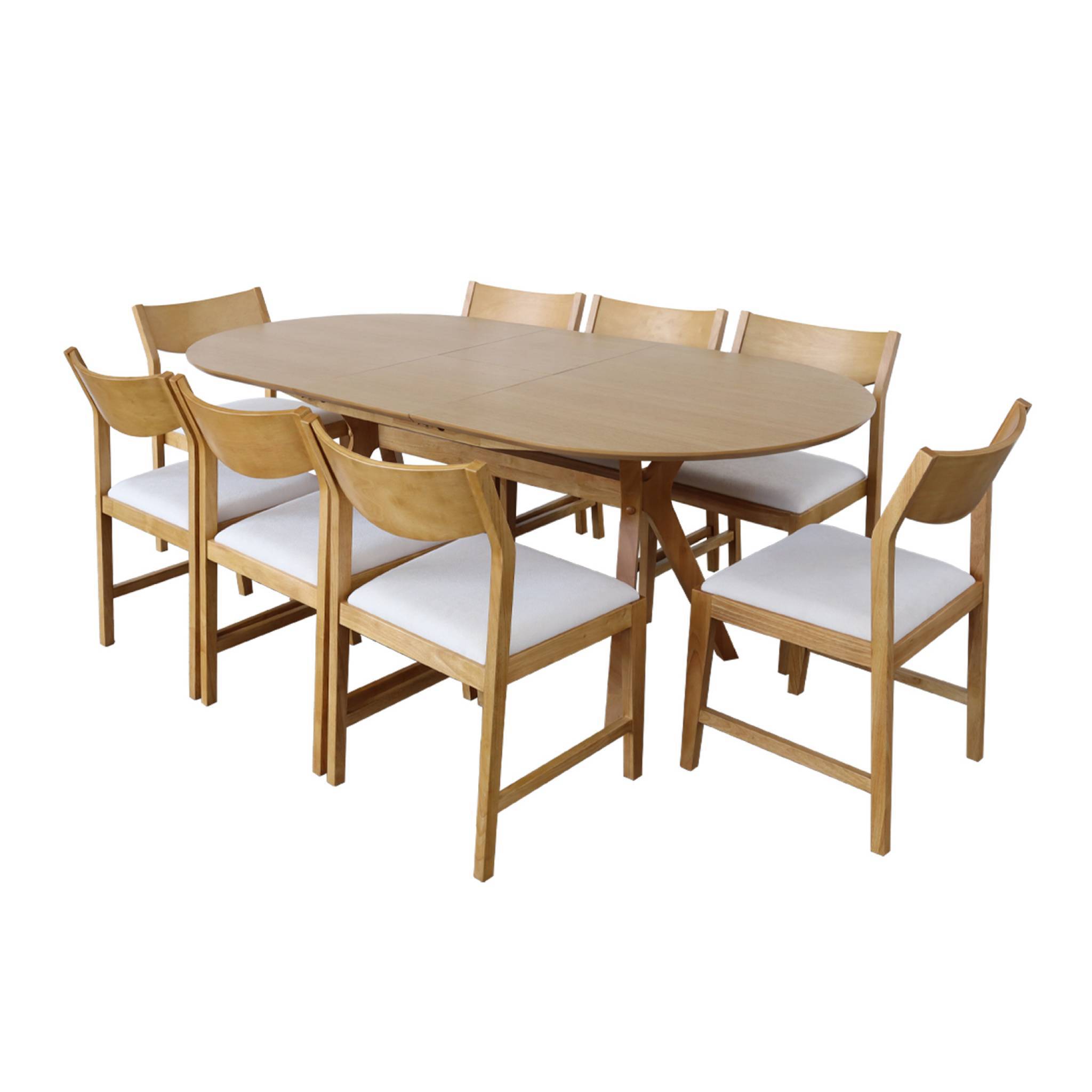Table à manger oblongue extensible. 160-200cm + 8 chaises en bois d'hévéa et tissu beige - Image 2