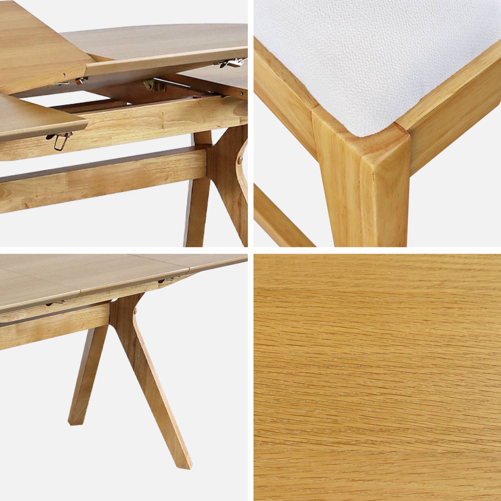 Table à manger oblongue extensible. 160-200cm + 8 chaises en bois d'hévéa et tissu beige - Image 6