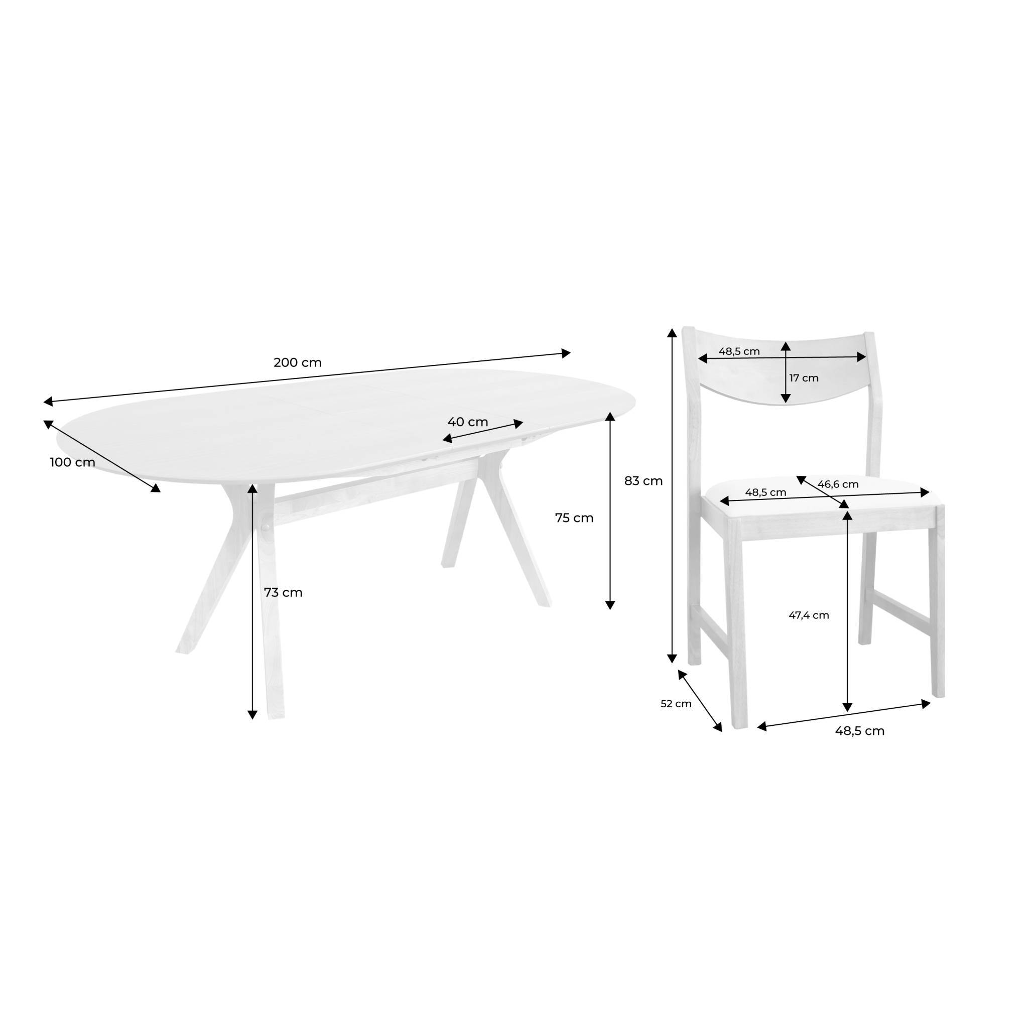 Table à manger oblongue extensible. 160-200cm + 8 chaises en bois d'hévéa et tissu beige - Image 5