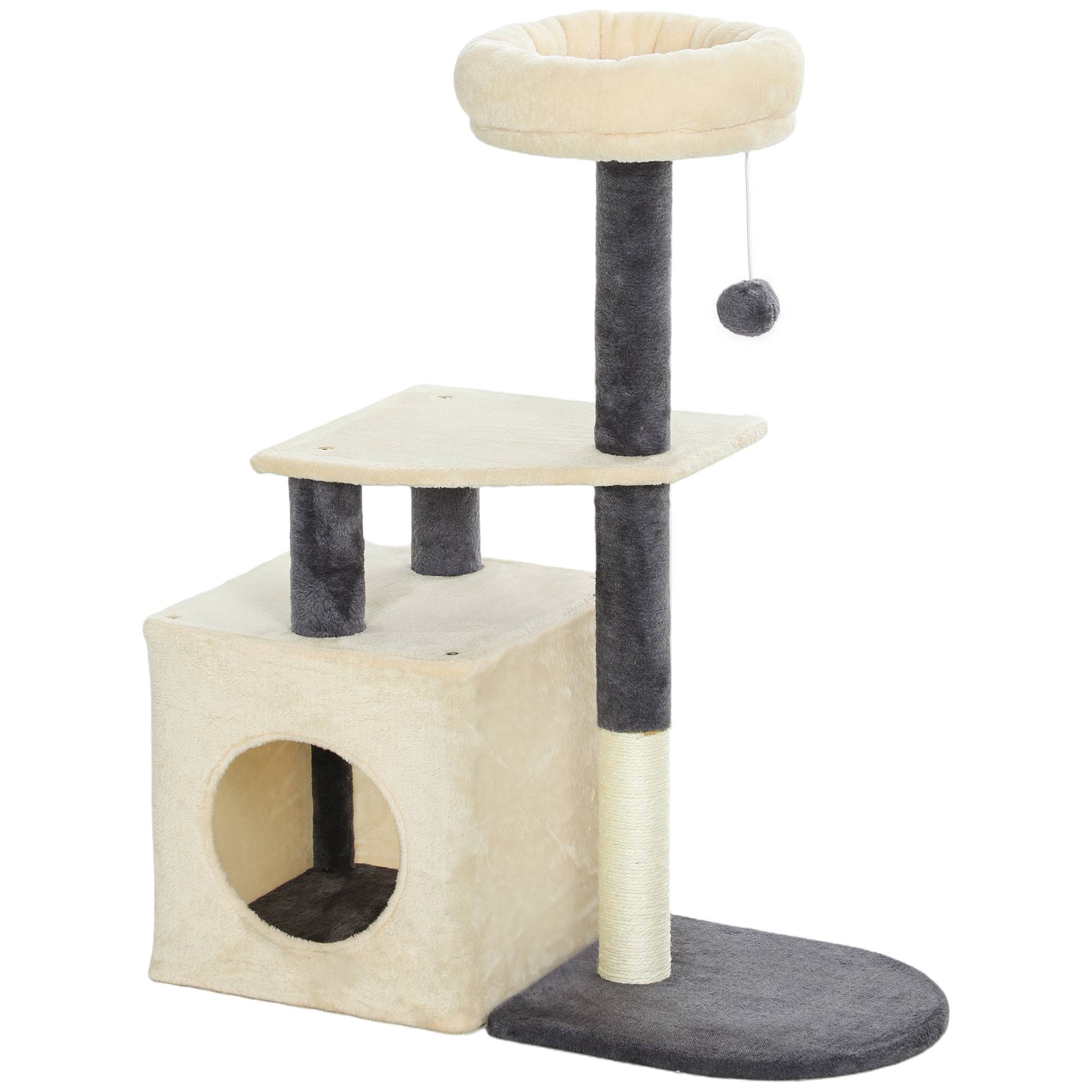 Sans Marque - Arbre à chat de 92 cm avec niche, coussin, poteaux en sisal et balle, blanc crème - Image 2