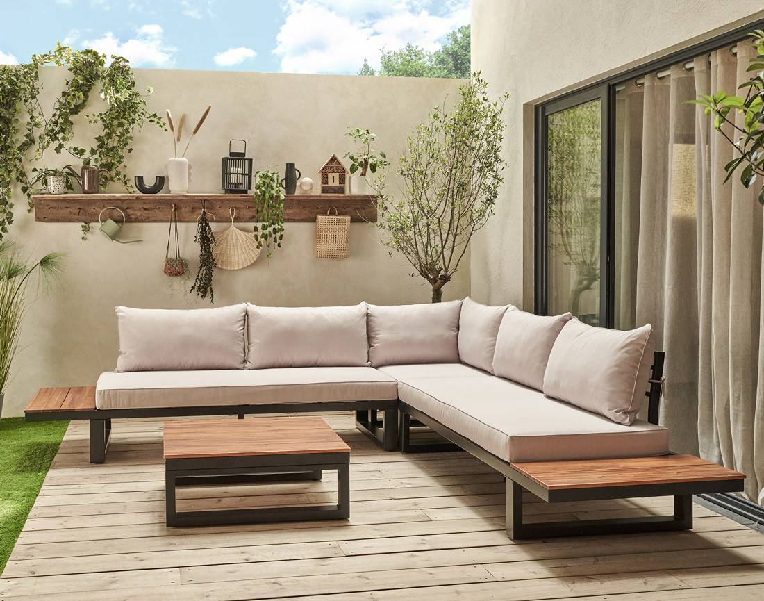 Salome - salon bas de jardin 5 places + table - modulable - bois, métal et coussins beiges - Best Mobilier - Image 2