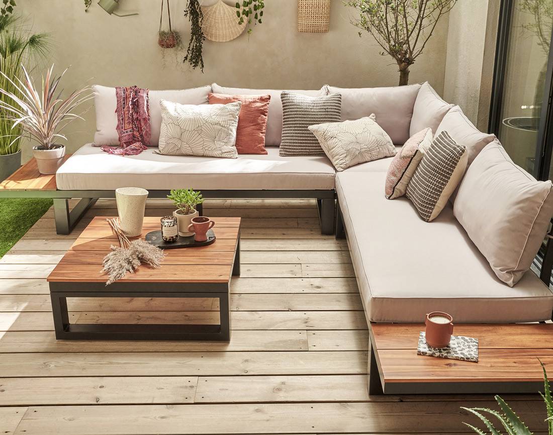 Salome - salon bas de jardin 5 places + table - modulable - bois, métal et coussins beiges - Best Mobilier - Image 4