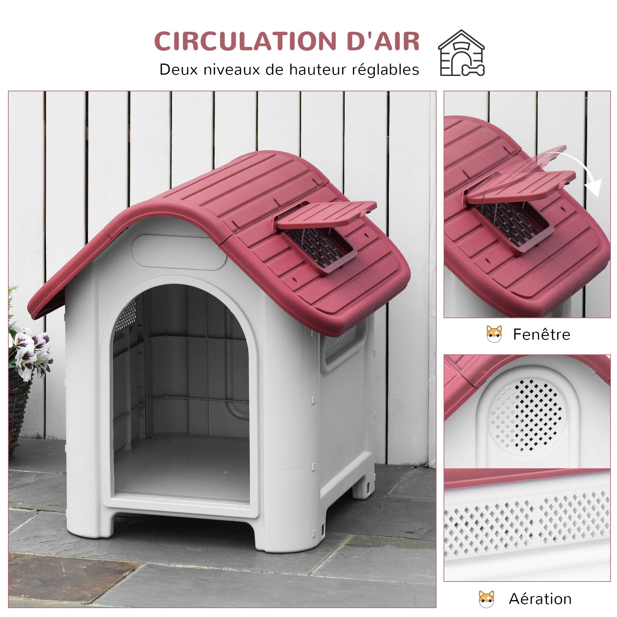 Sans Marque - Niche pour chien extérieur et intérieur double porte en métal et multi-ventilation 59 x 75 x 66 cm rouge - Image 8