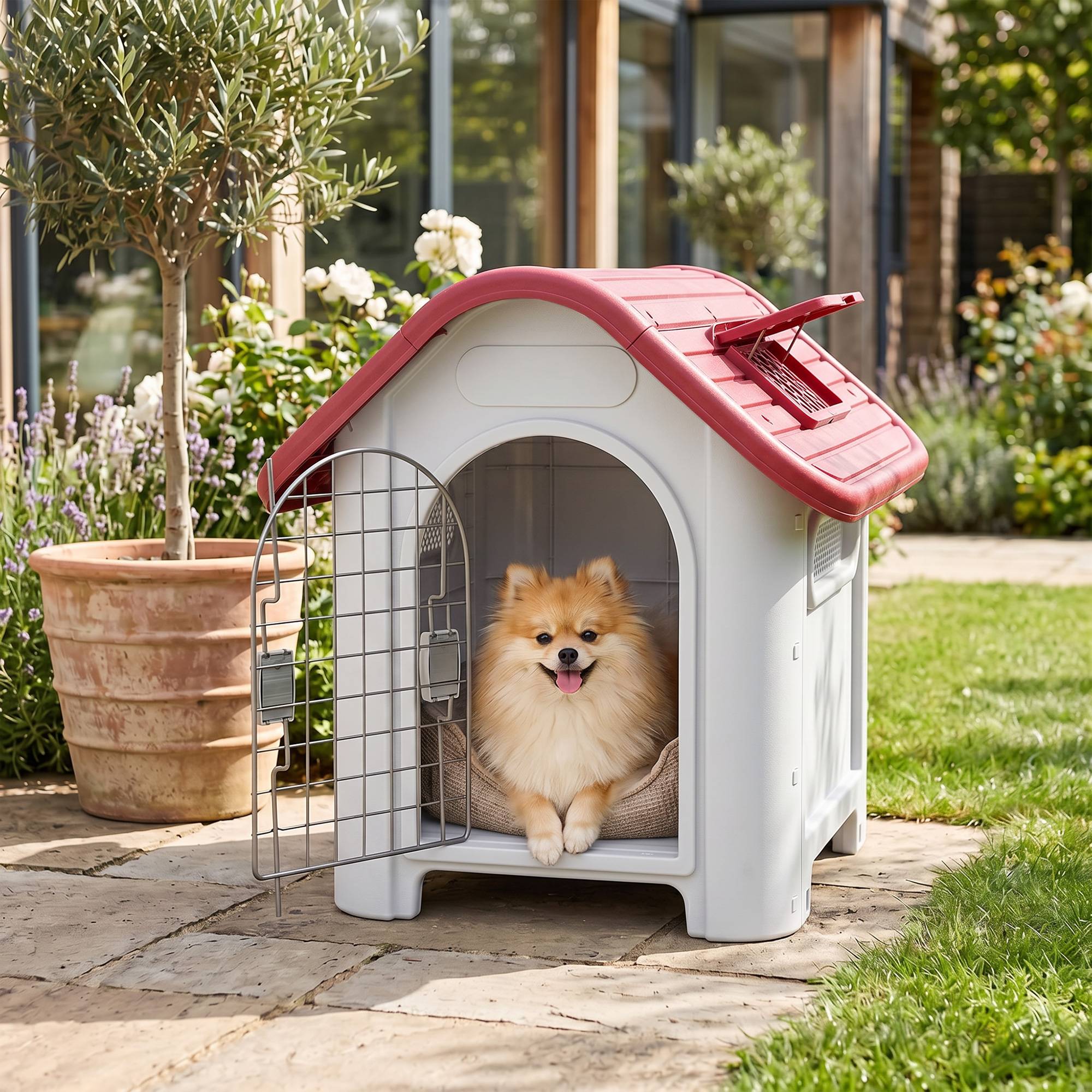 Sans Marque - Niche pour chien extérieur et intérieur double porte en métal et multi-ventilation 59 x 75 x 66 cm rouge - Image 3