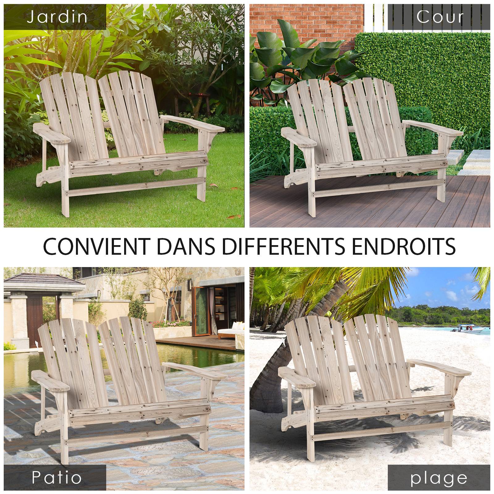 Outsunny - Banc de jardin 2 places design Adirondack assise dossier à lattes larges accoudoirs bois naturel pin lasuré - Outsunny - Image 7