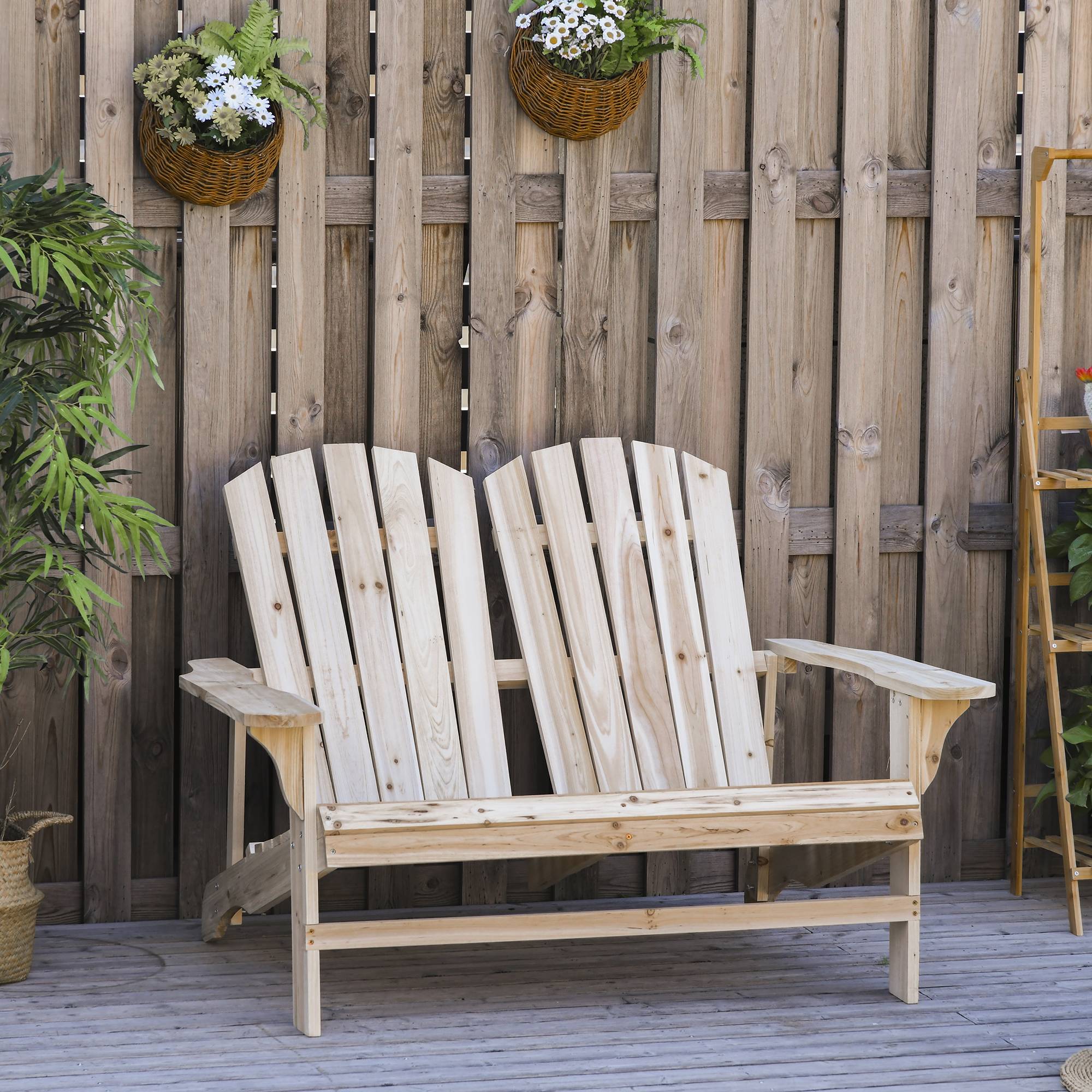 Outsunny - Banc de jardin 2 places design Adirondack assise dossier à lattes larges accoudoirs bois naturel pin lasuré - Outsunny - Image 2