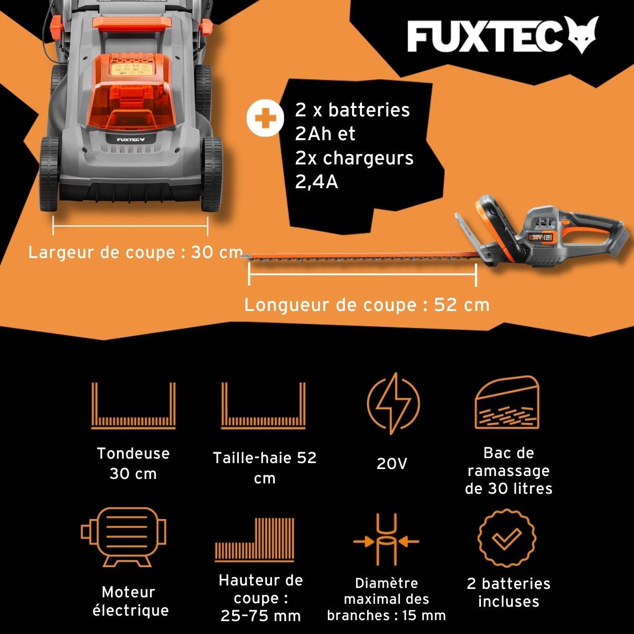 FUXTEC - FUXTEC Kit Entretien Jardin 20V avec Tondeuse à Batterie et Taille-Haies - Image 2