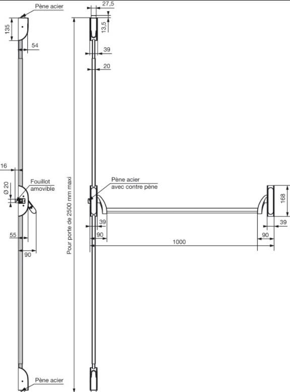 Fermeture antipanique Cross-bar 3 points longueur 1000mm CFPF gris - VACHETTE - 18389000 - Image 2