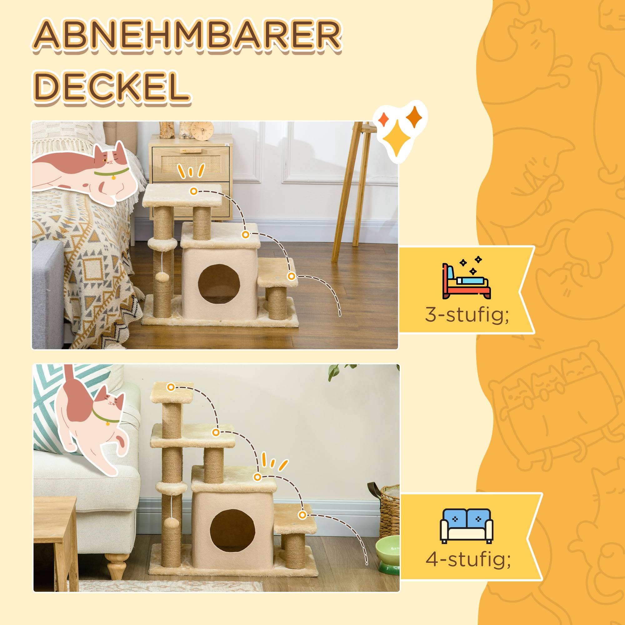 Escalier animaux, arbre à chat, 4 marches, balle, niche, réglable, 60x40x66cm, beige - Image 6