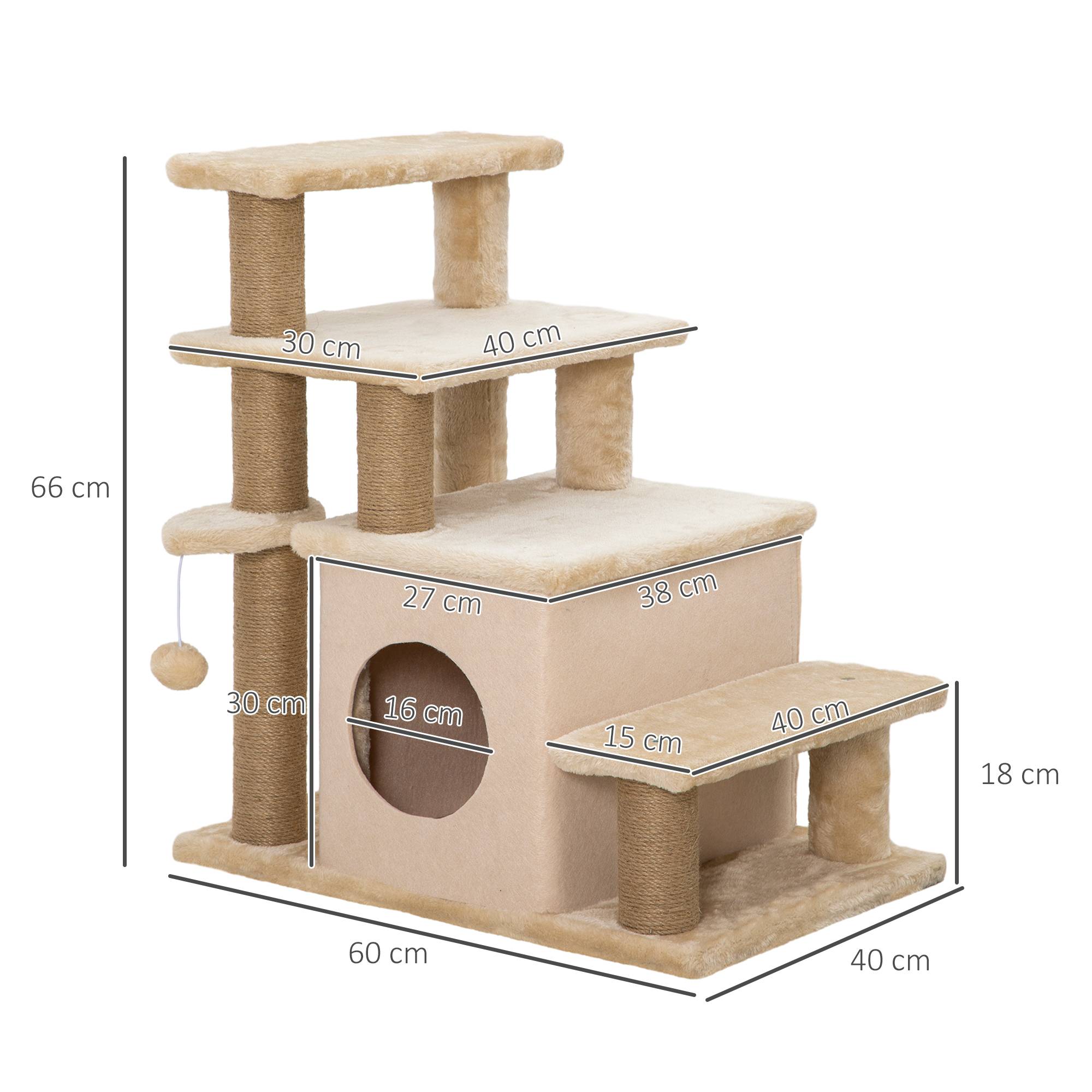 Escalier animaux, arbre à chat, 4 marches, balle, niche, réglable, 60x40x66cm, beige - Image 5