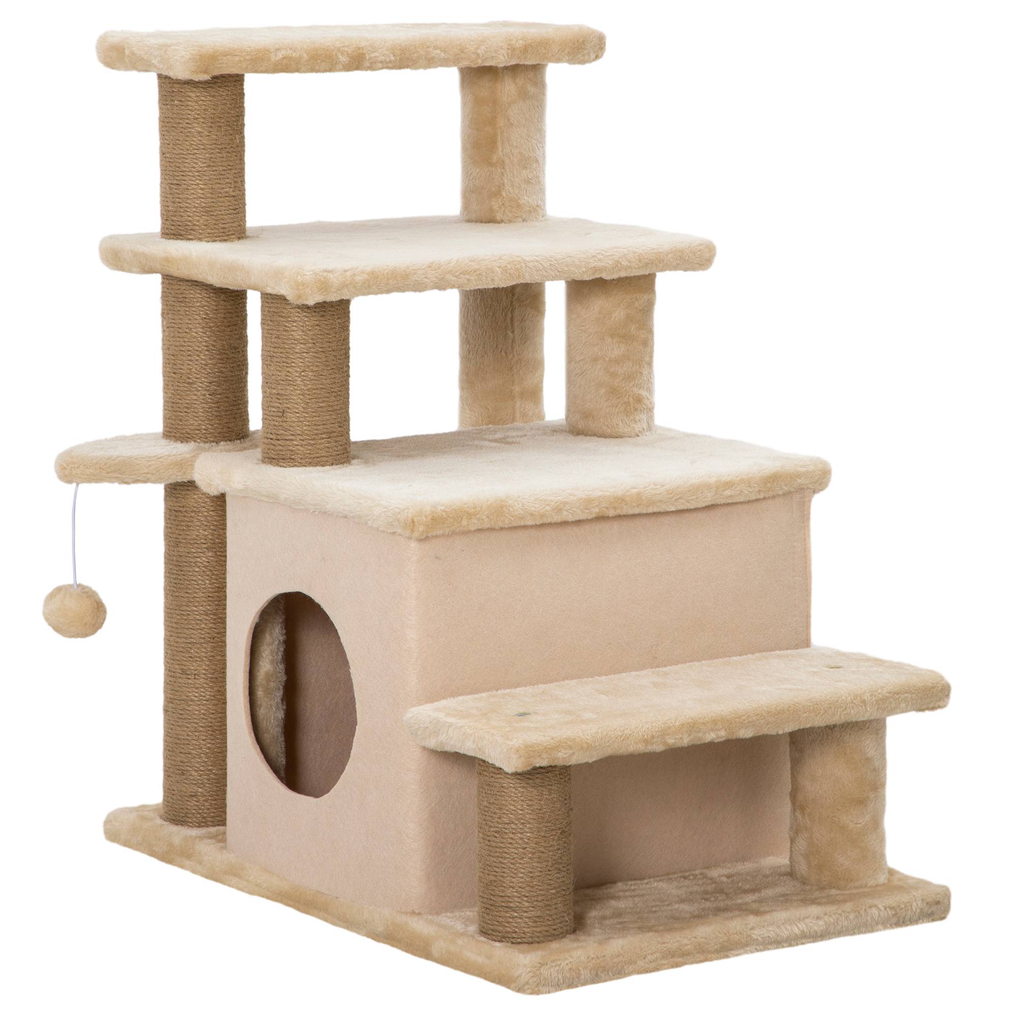 Escalier animaux, arbre à chat, 4 marches, balle, niche, réglable, 60x40x66cm, beige - Image 2