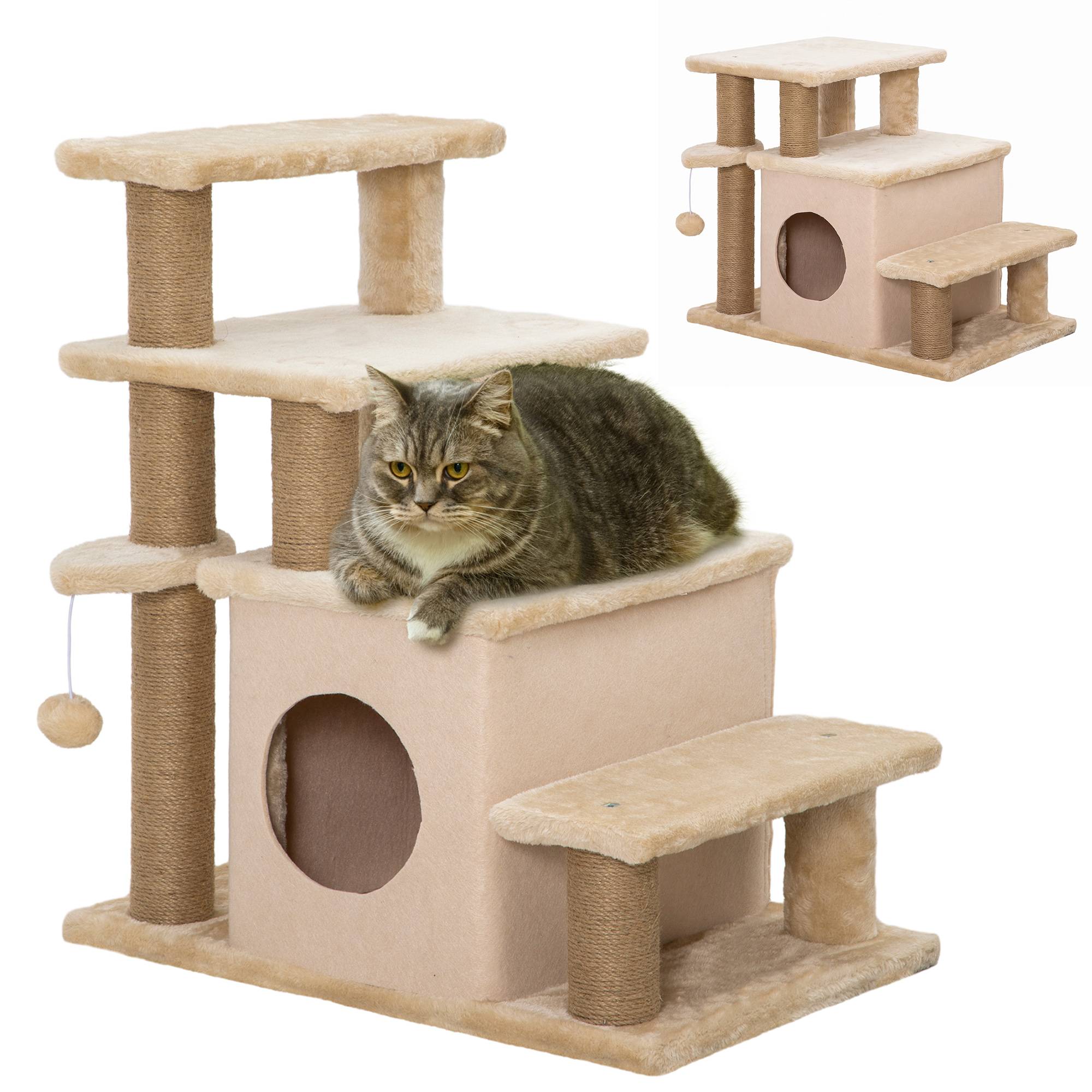 Escalier animaux, arbre à chat, 4 marches, balle, niche, réglable, 60x40x66cm, beige - Image 1