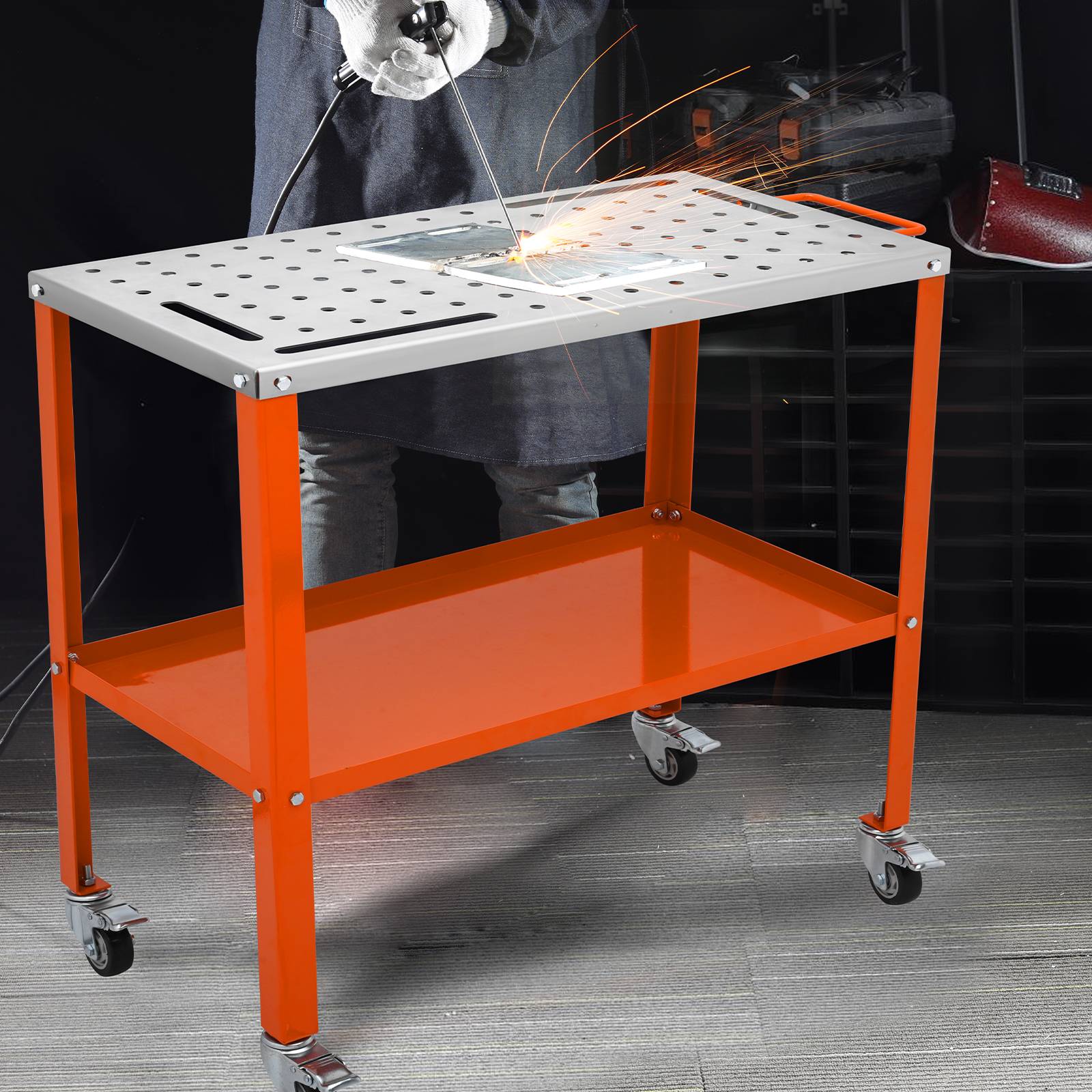 VEVOR Table soudure 91,4x45,7 cm, charge 544 kg. Roulettes frein, 2 niveaux, trous fixation. - Image 8