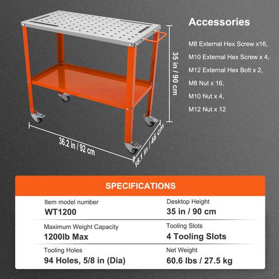 VEVOR Table soudure 91,4x45,7 cm, charge 544 kg. Roulettes frein, 2 niveaux, trous fixation. - Image 7