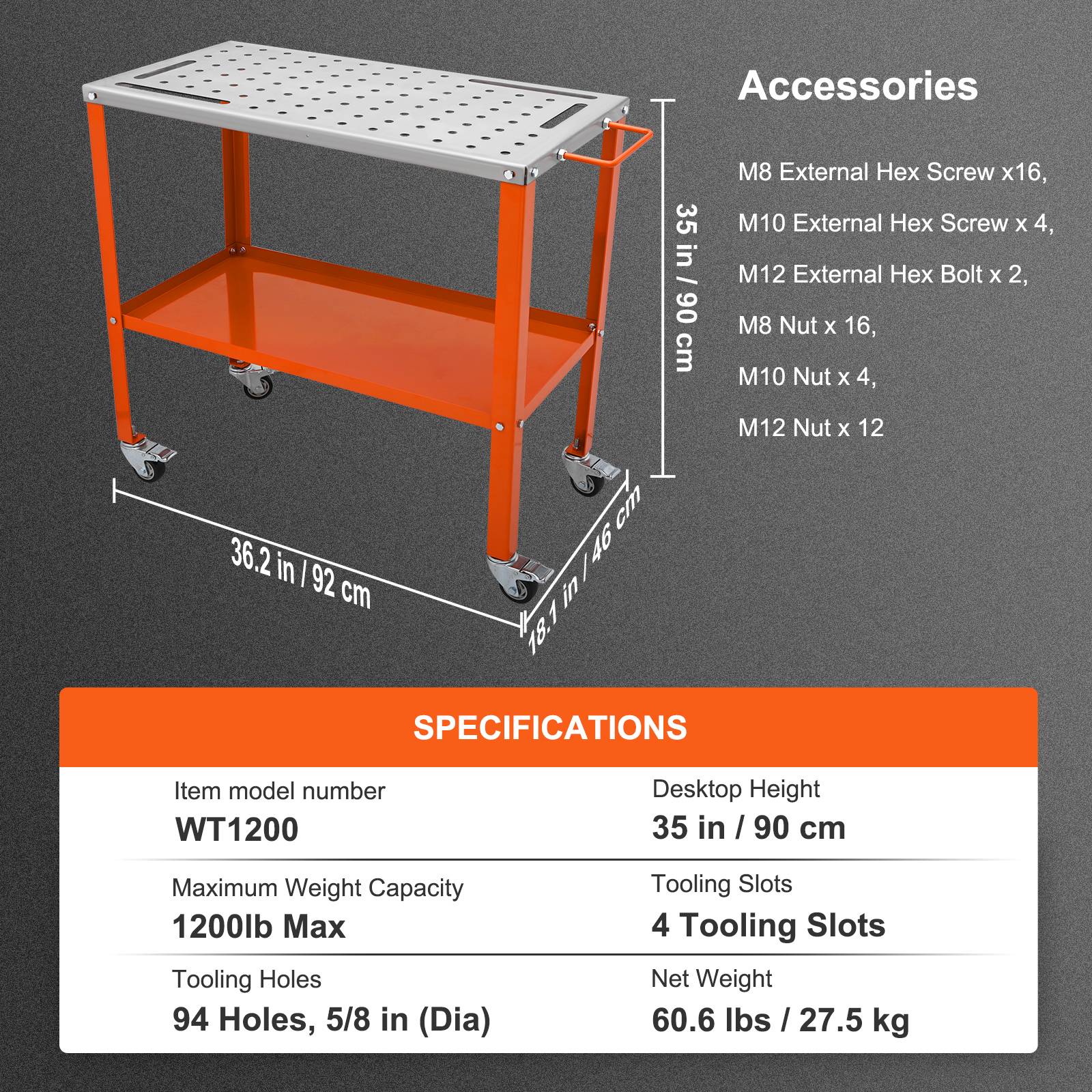 VEVOR Table soudure 91,4x45,7 cm, charge 544 kg. Roulettes frein, 2 niveaux, trous fixation. - Image 7
