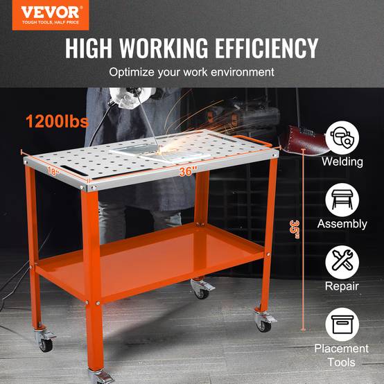VEVOR Table soudure 91,4x45,7 cm, charge 544 kg. Roulettes frein, 2 niveaux, trous fixation. - Image 2