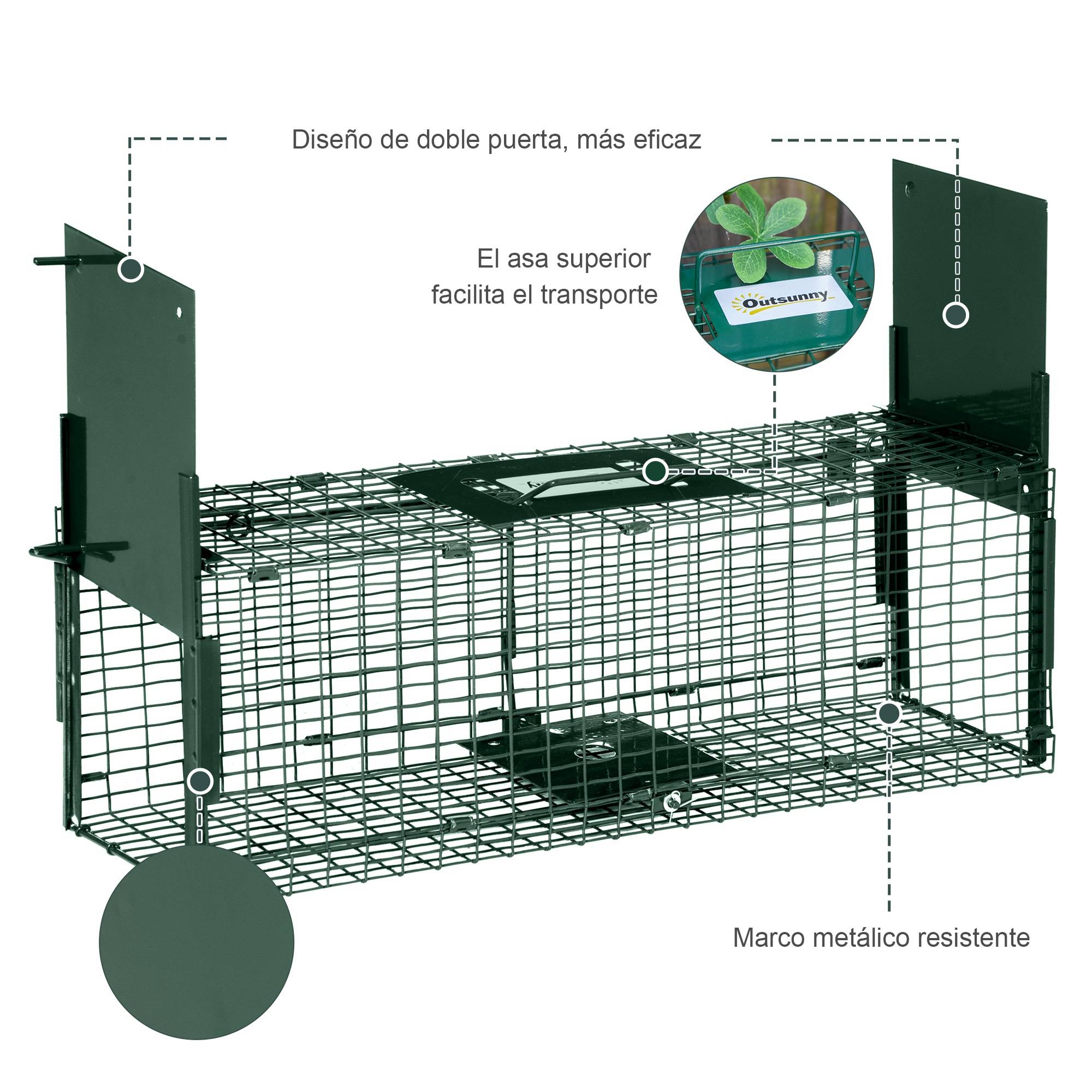 Piège à animaux vivants 60 x 18 x 20 cm avec 2 portes, poignée et cadre en acier pour souris et rongeurs, vert - Image 8
