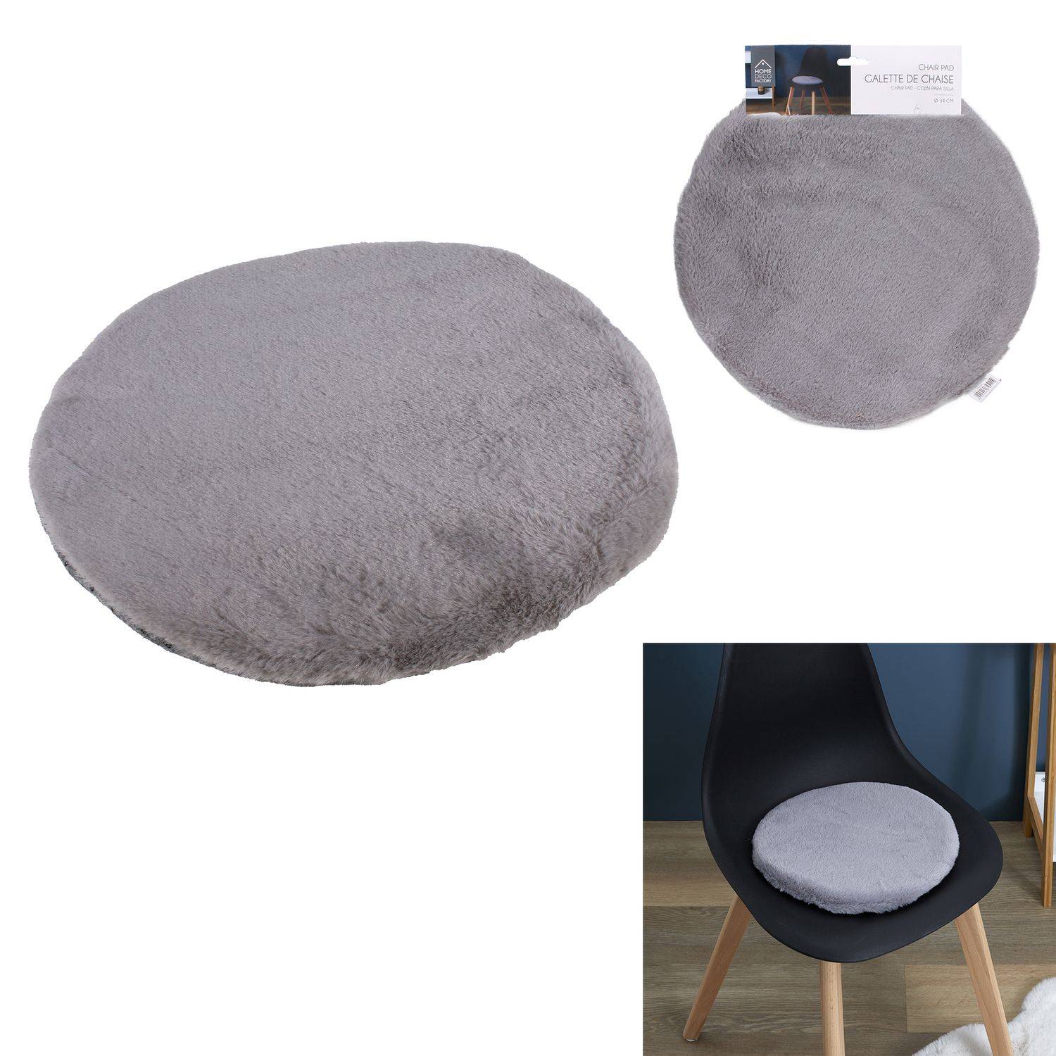 Sans Marque - Lot de 6 galettes de chaises rondes imitiation fourrure - Diamètre 34 cm - Gris - Toilinux - Image 3