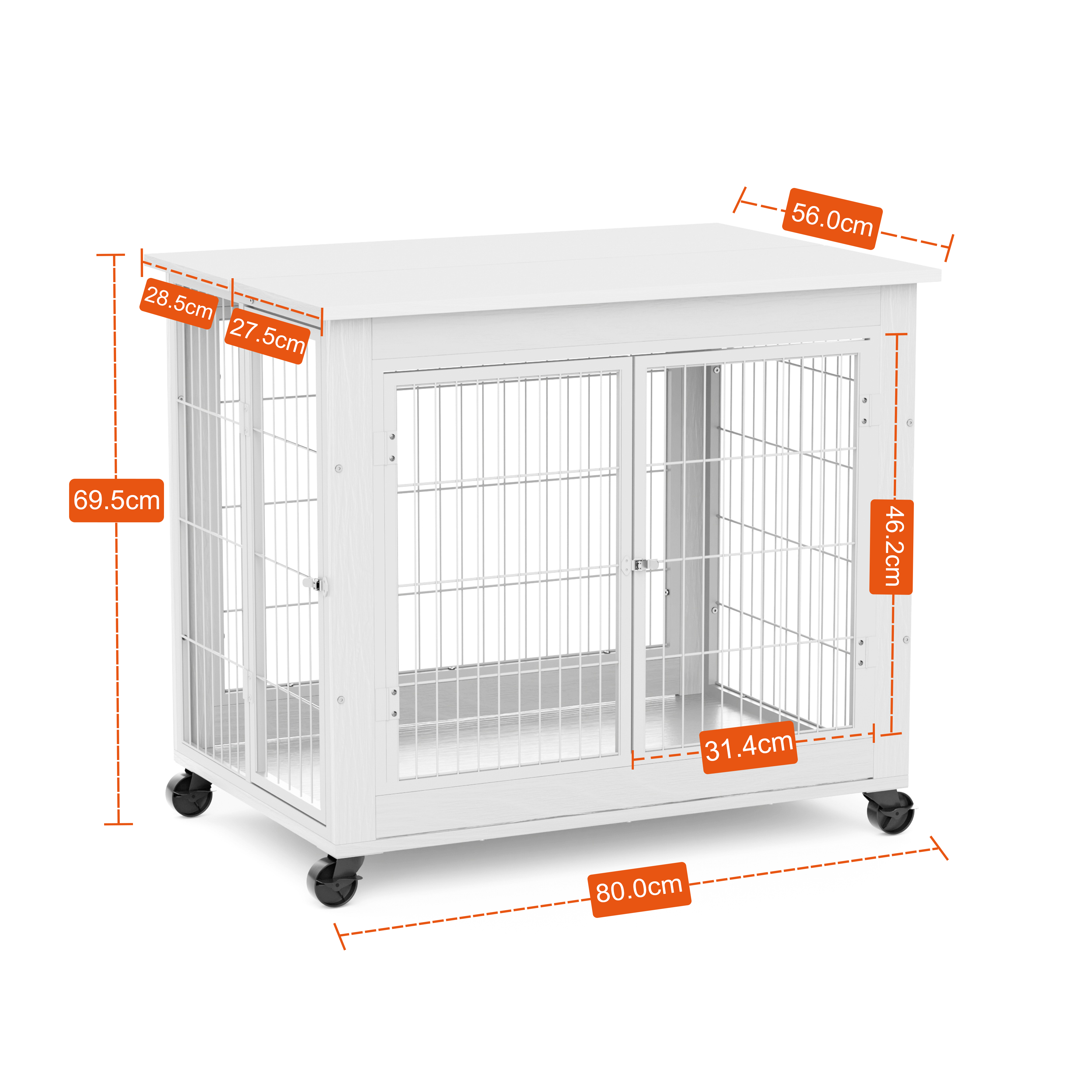 Cage pour chien en bois avec double porte, toit ouvrant, avec roulettes, blanche, 80 x 56 x 69.5 cm - PANGIVO - Image 6