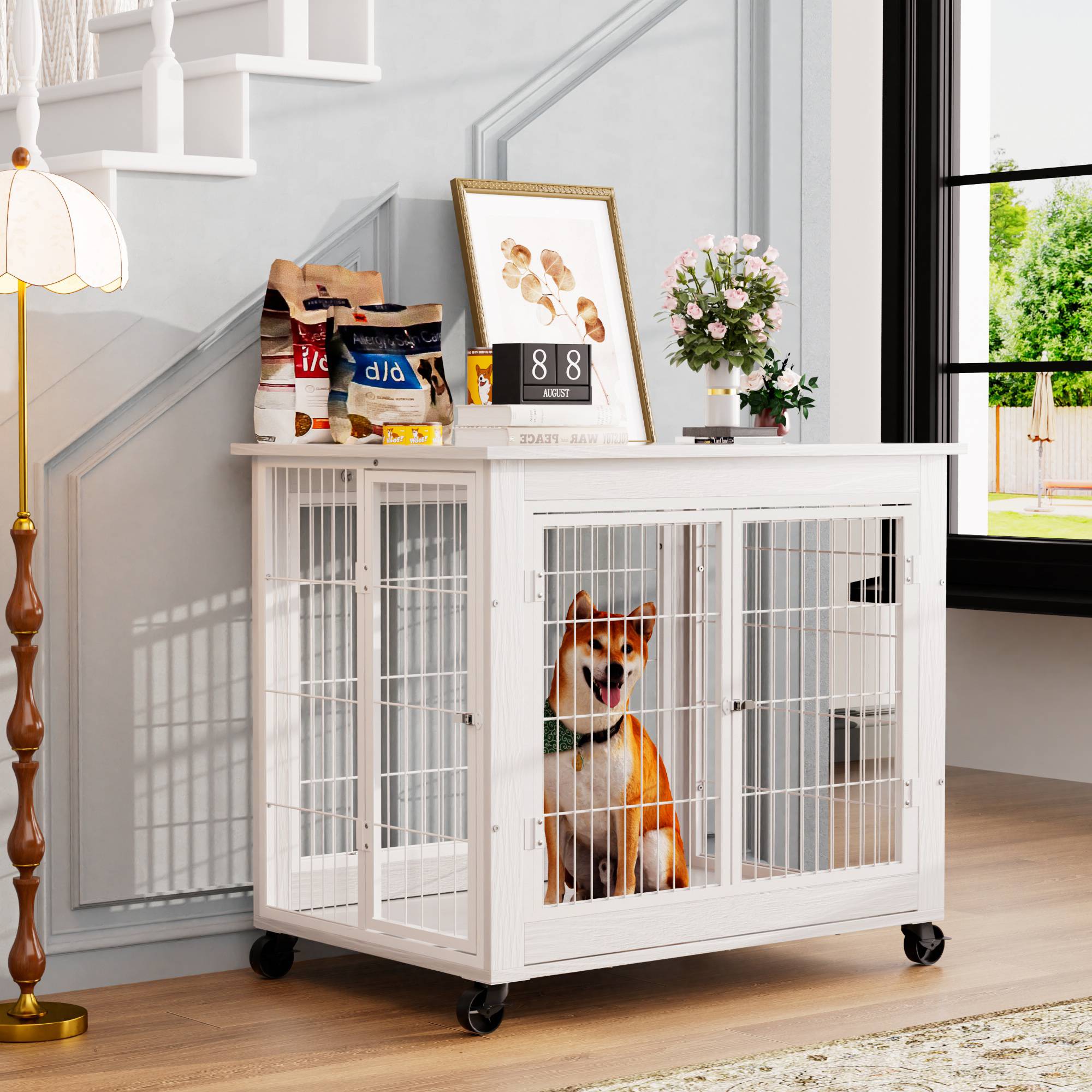Cage pour chien en bois avec double porte, toit ouvrant, avec roulettes, blanche, 80 x 56 x 69.5 cm - PANGIVO - Image 4