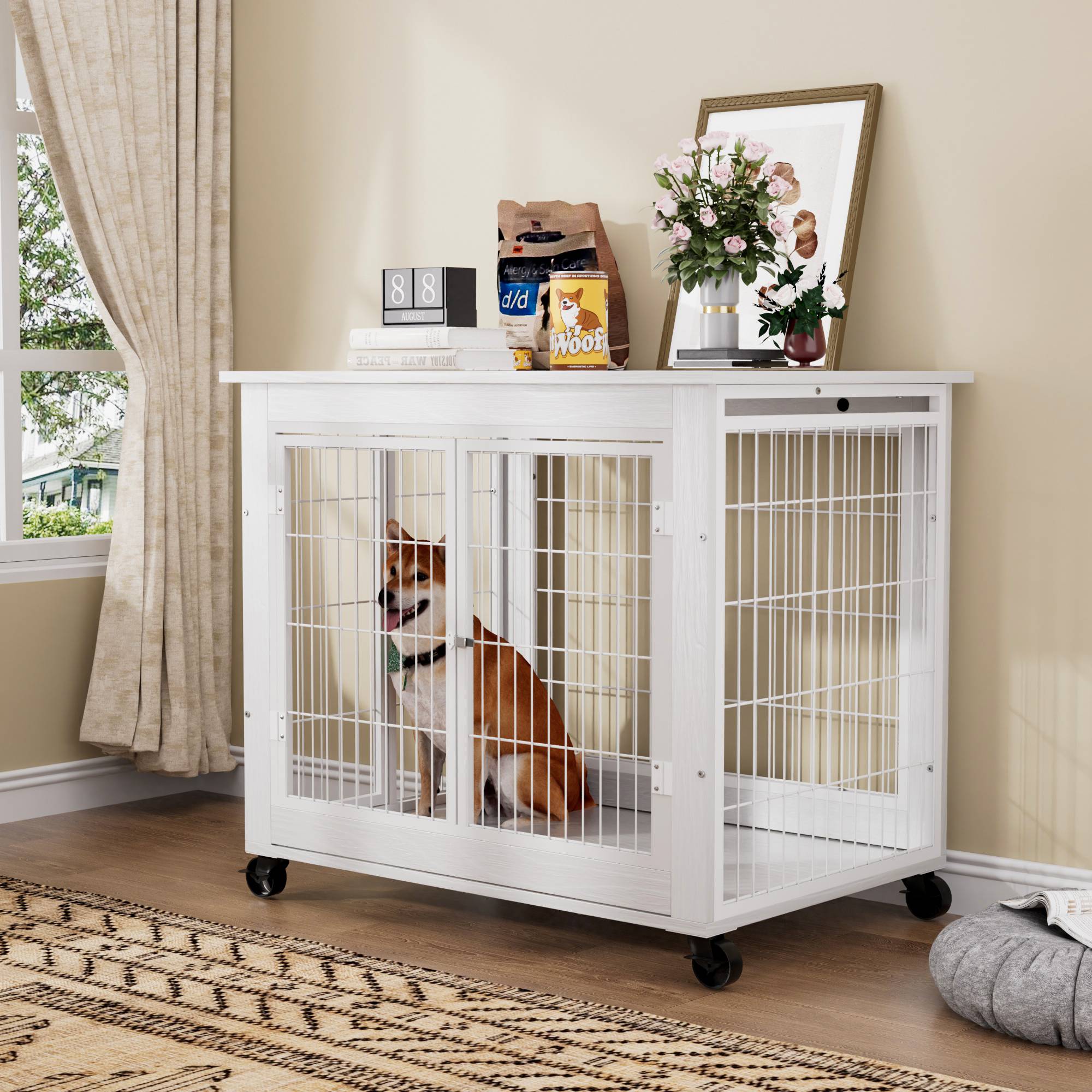 Cage pour chien en bois avec double porte, toit ouvrant, avec roulettes, blanche, 80 x 56 x 69.5 cm - PANGIVO - Image 1