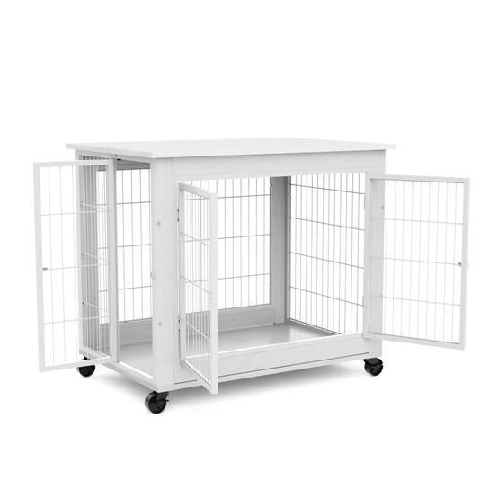 Cage pour chien en bois avec double porte, toit ouvrant, avec roulettes, blanche, 80 x 56 x 69.5 cm - PANGIVO - Image 9